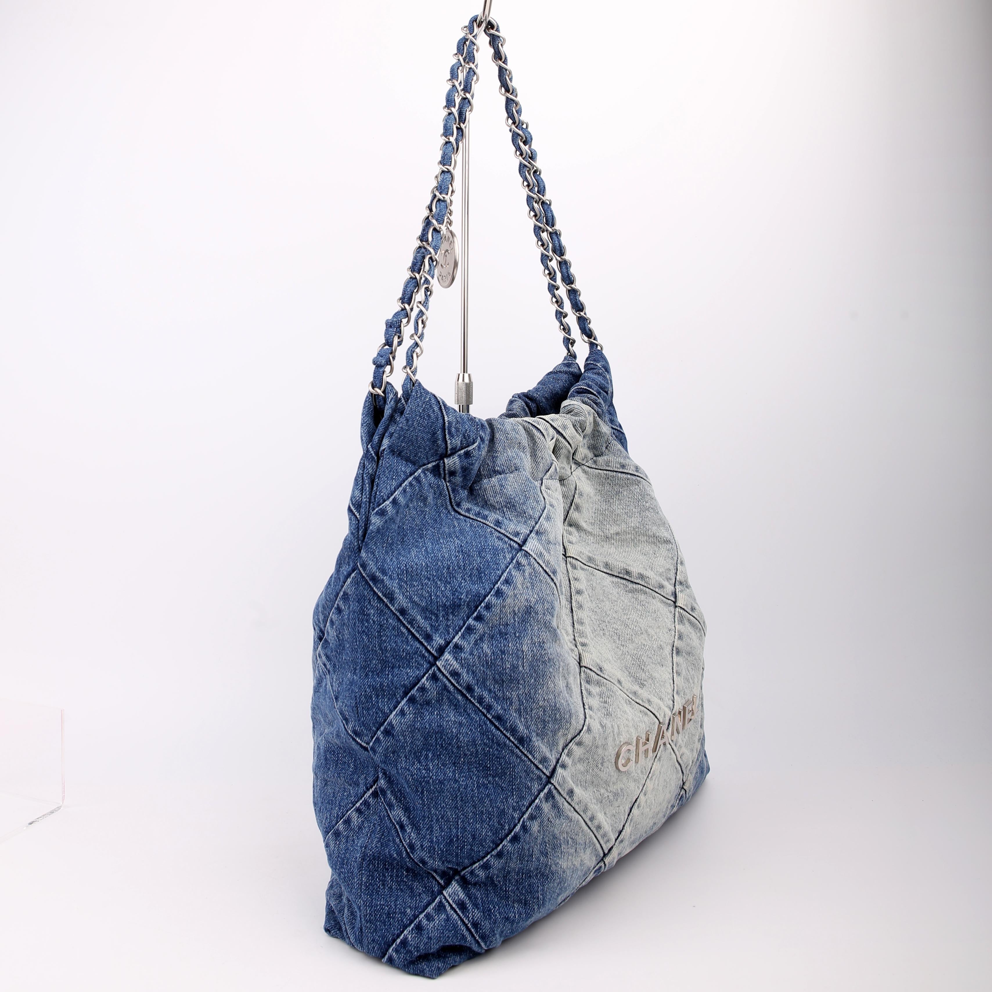 Chanel 22 Quilted Denim Hobo Blue