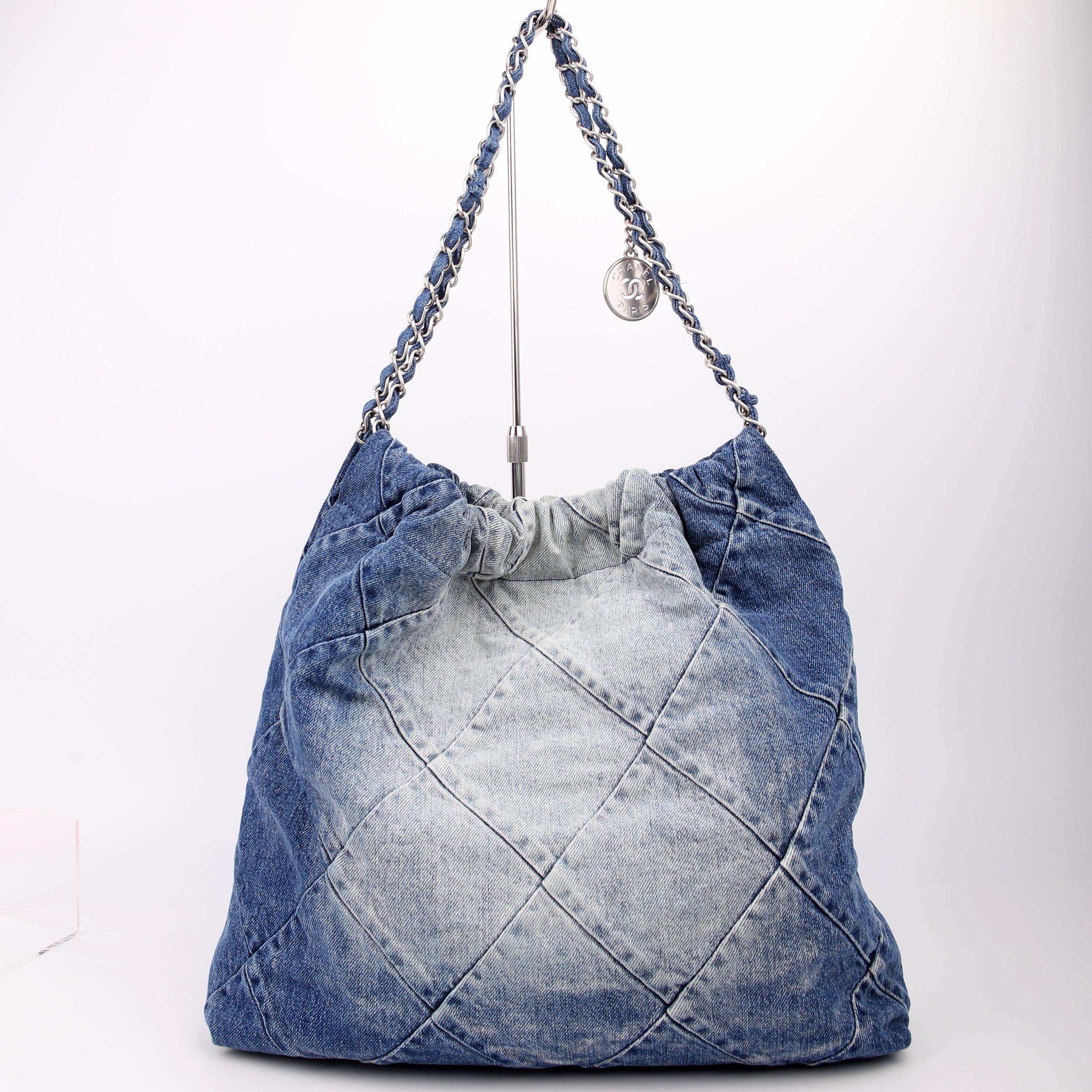 Chanel 22 Quilted Denim Hobo Blue