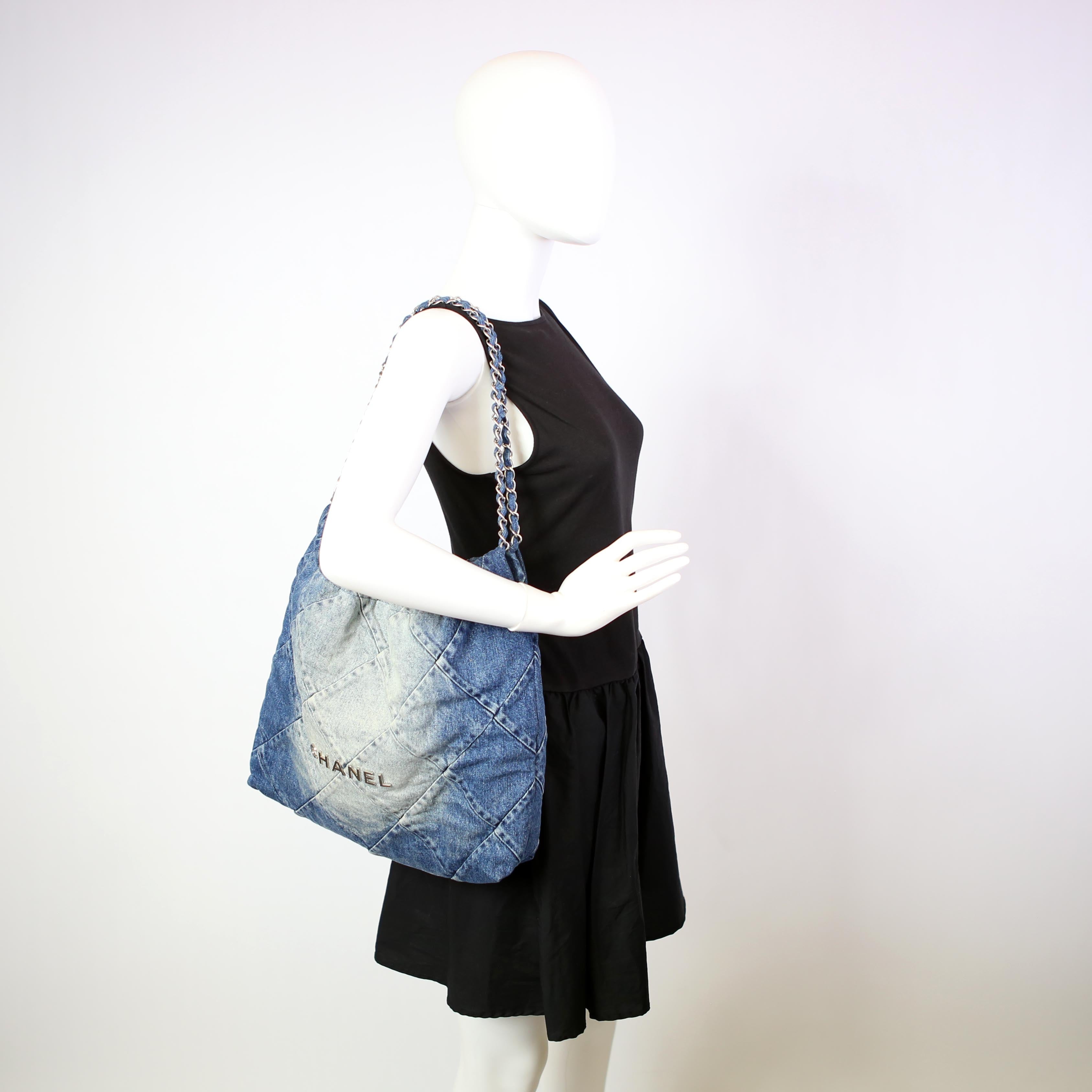 Chanel 22 Quilted Denim Hobo Blue