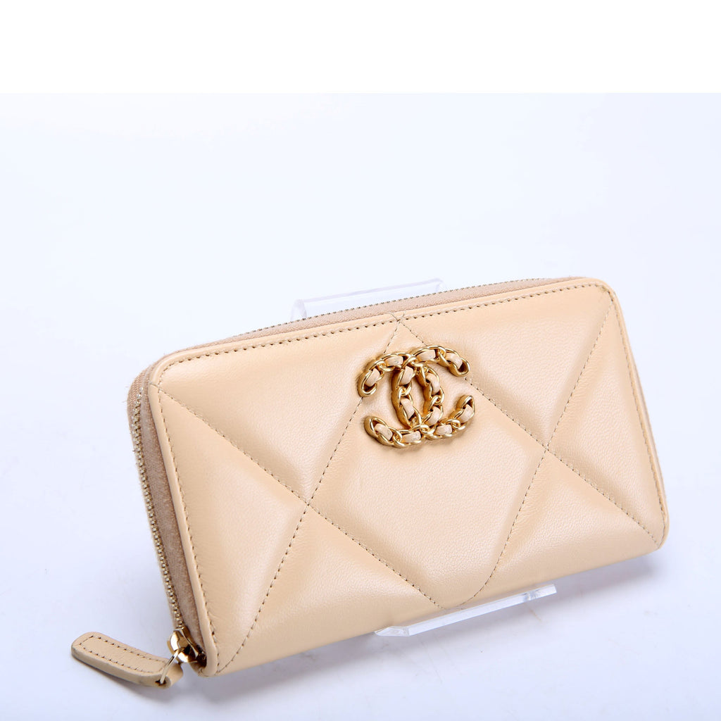 Chanel 19 Quilted Goatskin Long Zip Around Wallet Tan