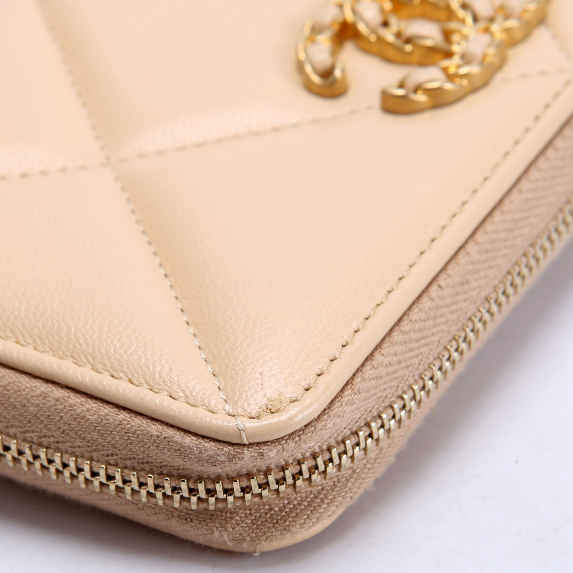 Chanel 19 Quilted Goatskin Long Zip Around Wallet Tan