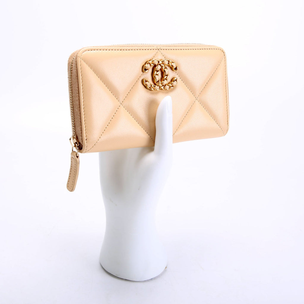 Chanel 19 Quilted Goatskin Long Zip Around Wallet Tan