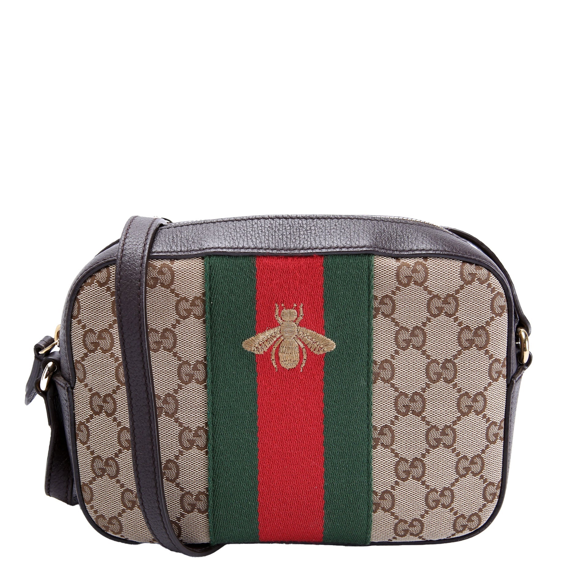 Gucci 412008 GG Canvas Bee Camera Bag Brown