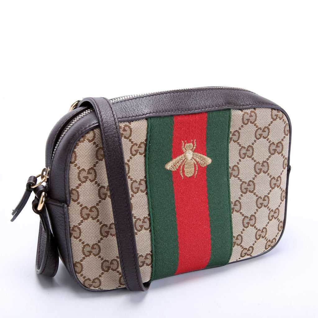 Gucci 412008 GG Canvas Bee Camera Bag Brown