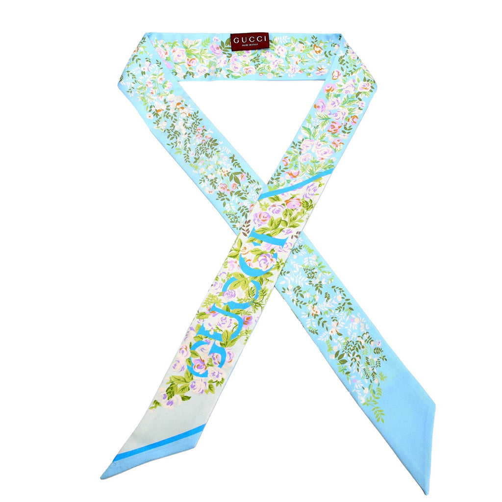 Logo Floral Twilly Silk Scarf Blue