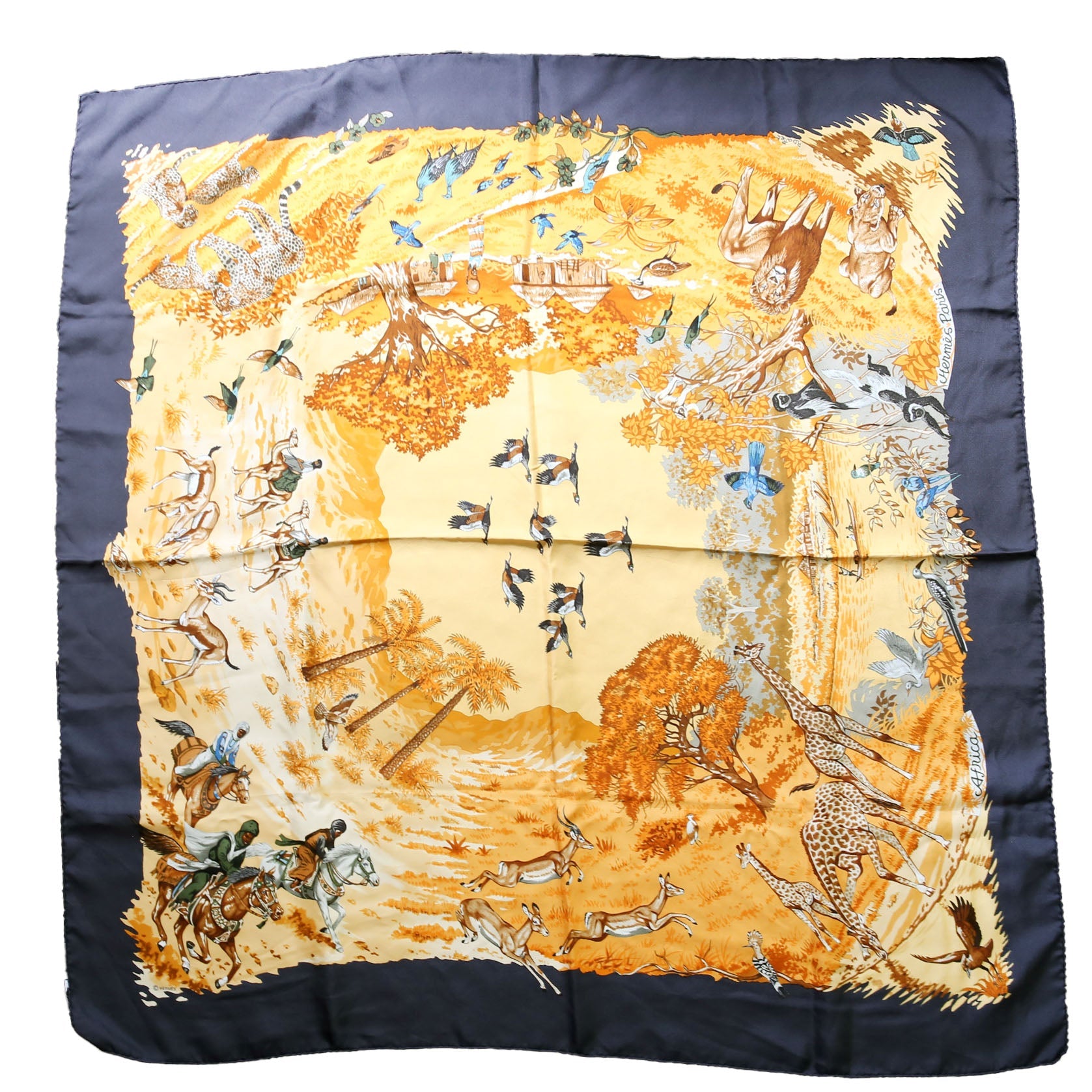 "Africa" Robert Dallet 90CM Silk Scarf Navy/Gold