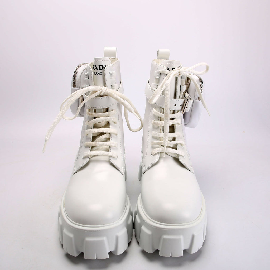 Prada Monolith Leather/Re-Nylon Boots With Pouch Size 39 White
