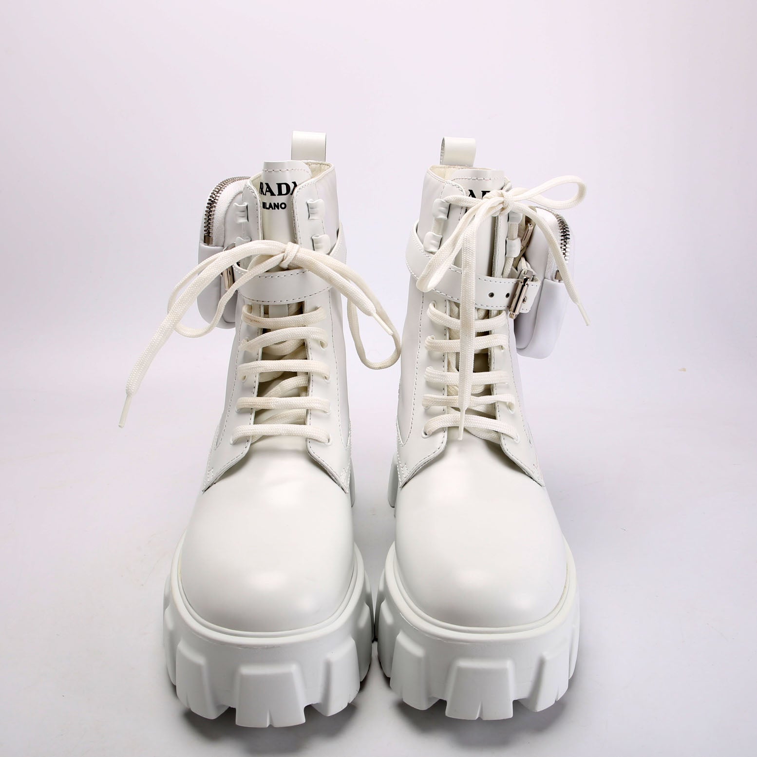Prada Monolith Leather/Re-Nylon Boots With Pouch Size 39 White