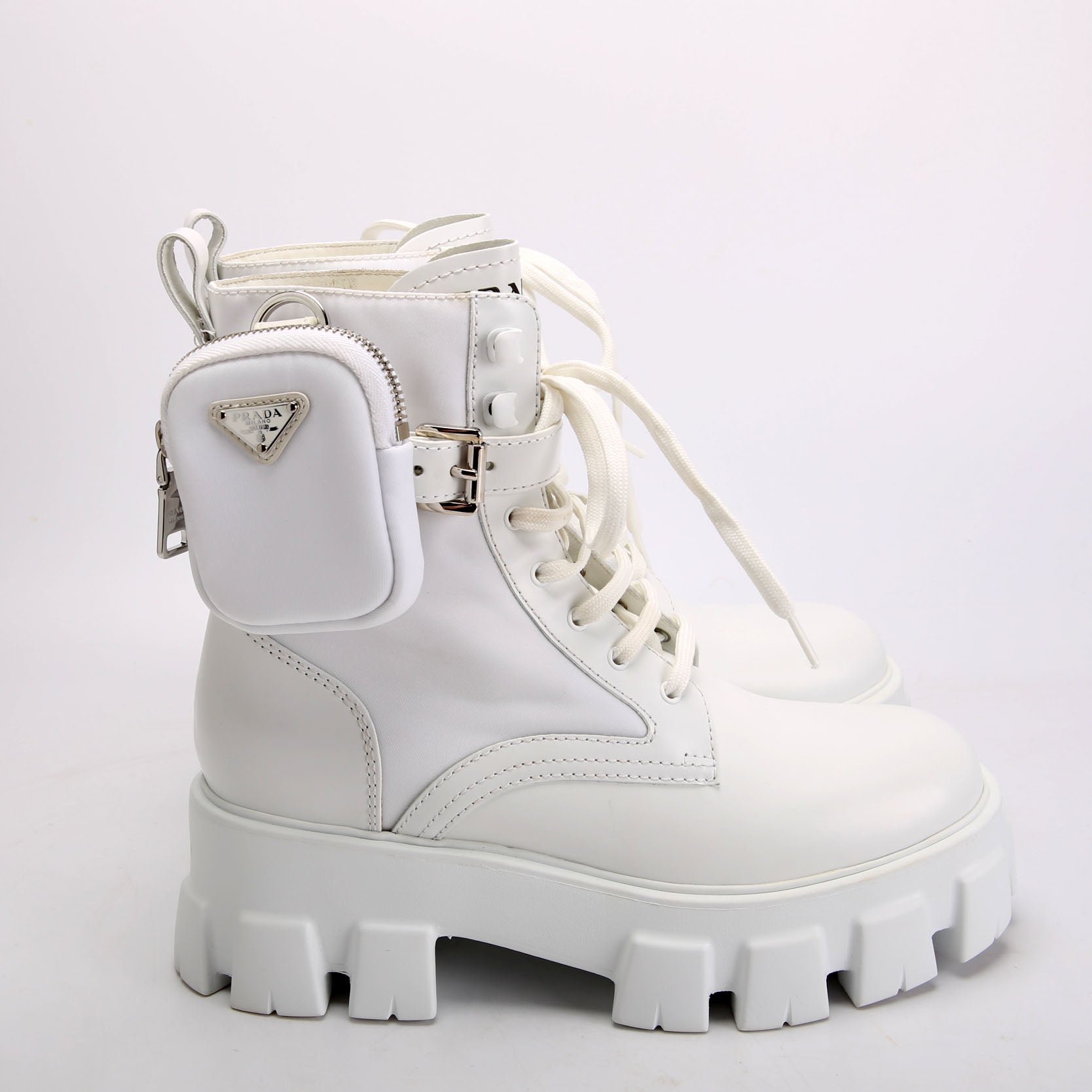 Prada Monolith Leather/Re-Nylon Boots With Pouch Size 39 White