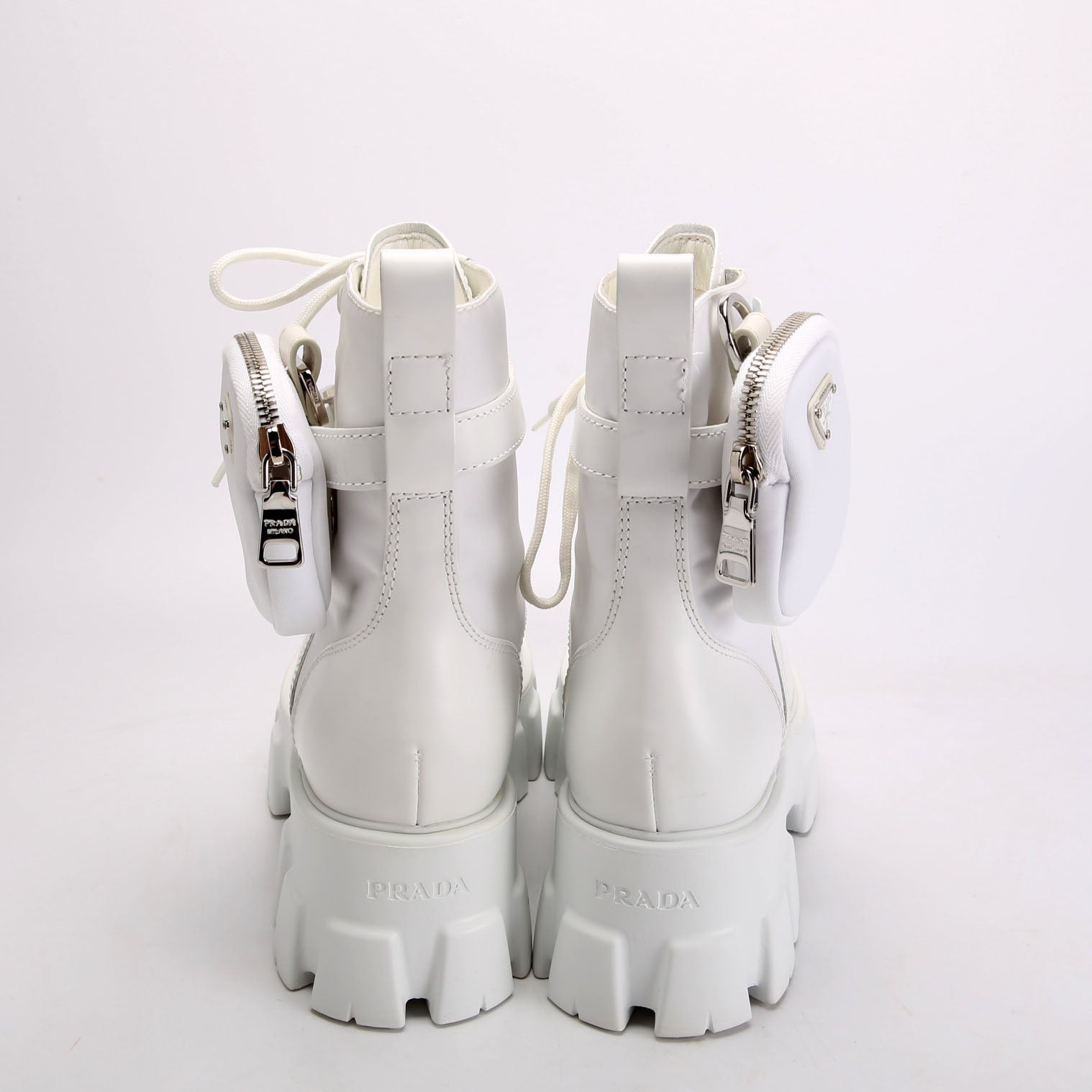 Prada Monolith Leather/Re-Nylon Boots With Pouch Size 39 White
