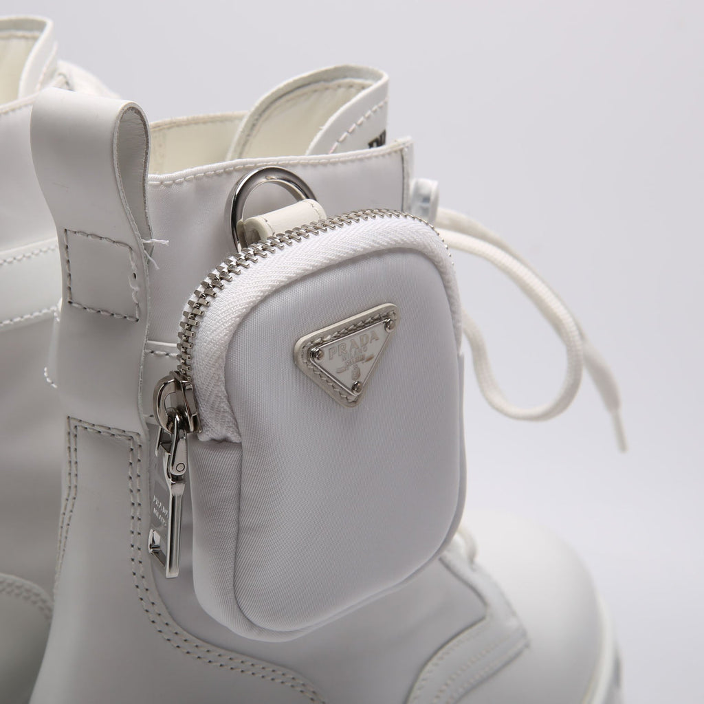 Prada Monolith Leather/Re-Nylon Boots With Pouch Size 39 White