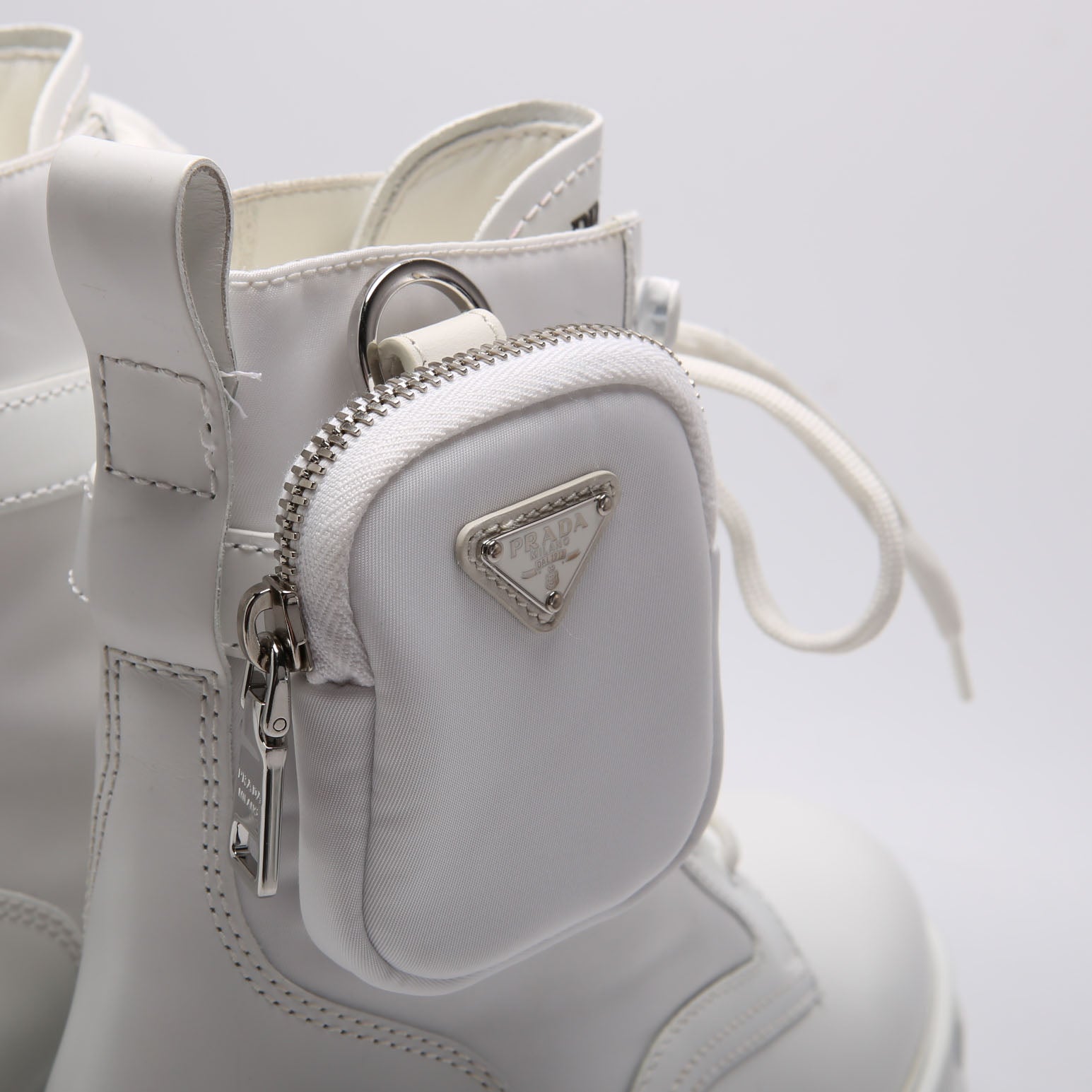 Prada Monolith Leather/Re-Nylon Boots With Pouch Size 39 White