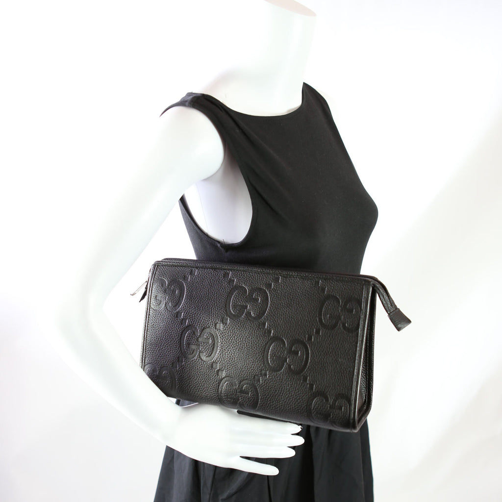 739490 Jumbo GG Leather Zip Pouch Black