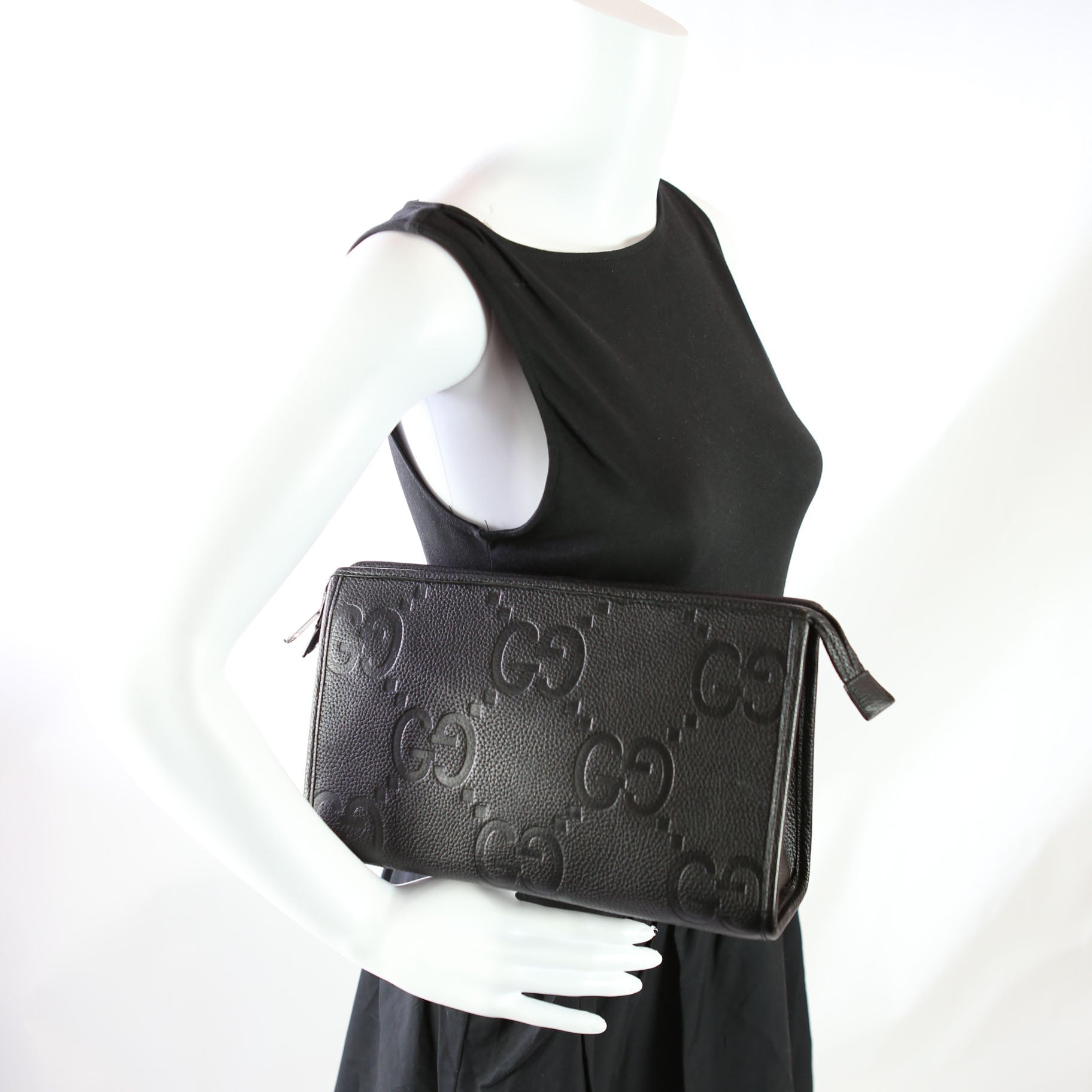 739490 Jumbo GG Leather Zip Pouch Black