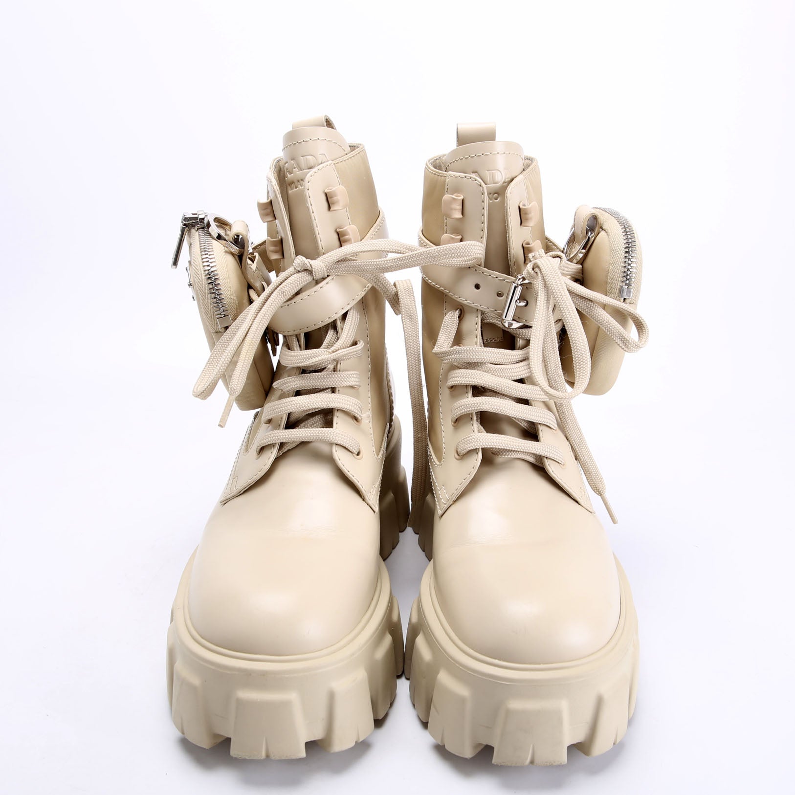 Prada Monolith Leather/Re-Nylon Boots with Pouch