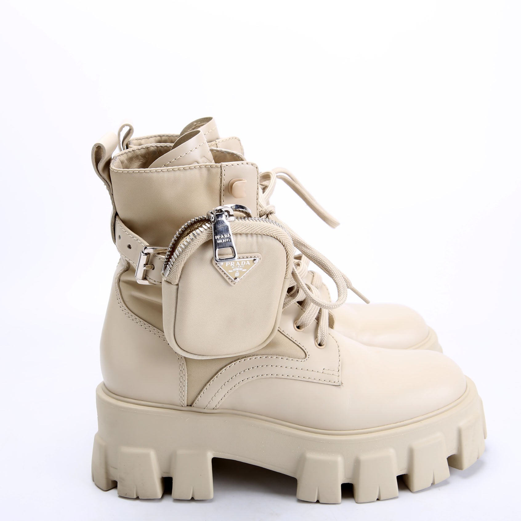Prada Monolith Leather/Re-Nylon Boots with Pouch