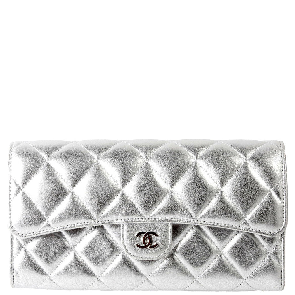 Classic Flap Wallet Long Lambskin Silver