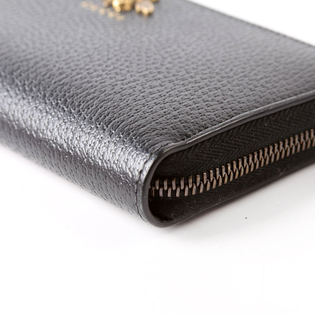 523667 Animalier Bee Leather Zip Around Long Wallet Black