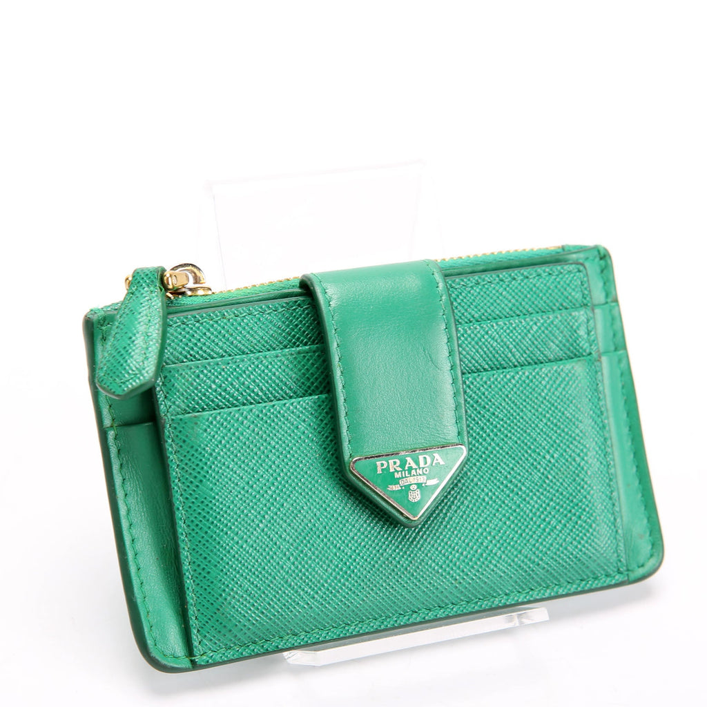 1MC038 Saffiano Triangle Logo Zip Card Case Green