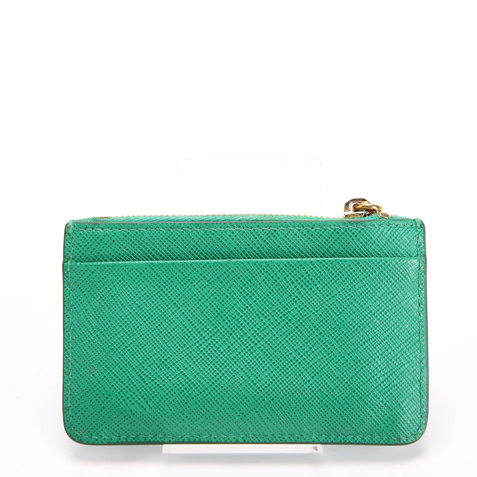 1MC038 Saffiano Triangle Logo Zip Card Case Green