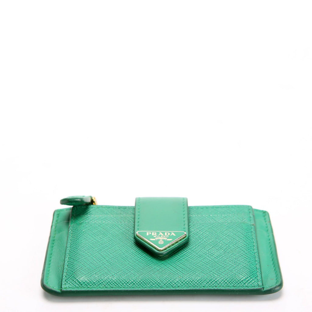 1MC038 Saffiano Triangle Logo Zip Card Case Green