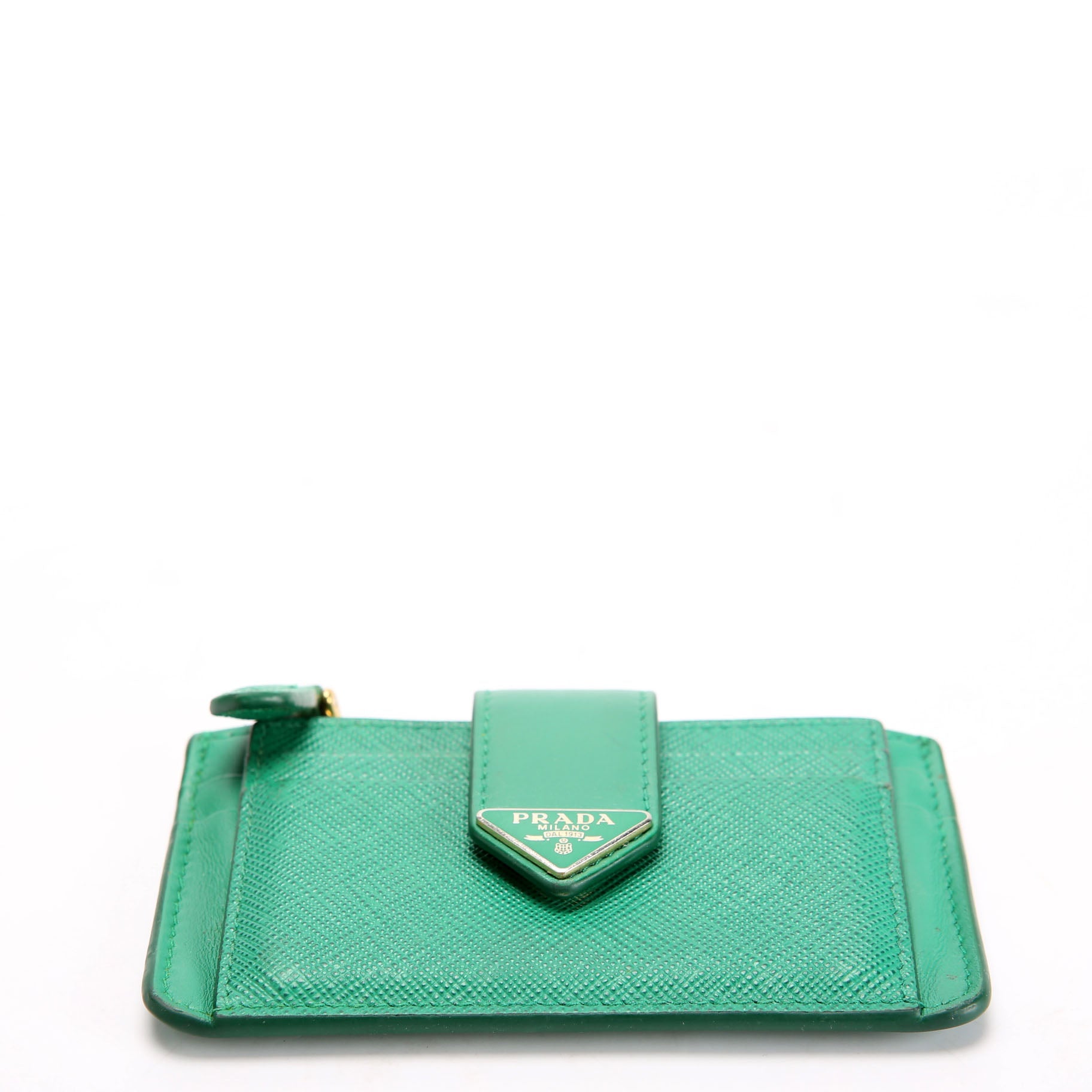 1MC038 Saffiano Triangle Logo Zip Card Case Green