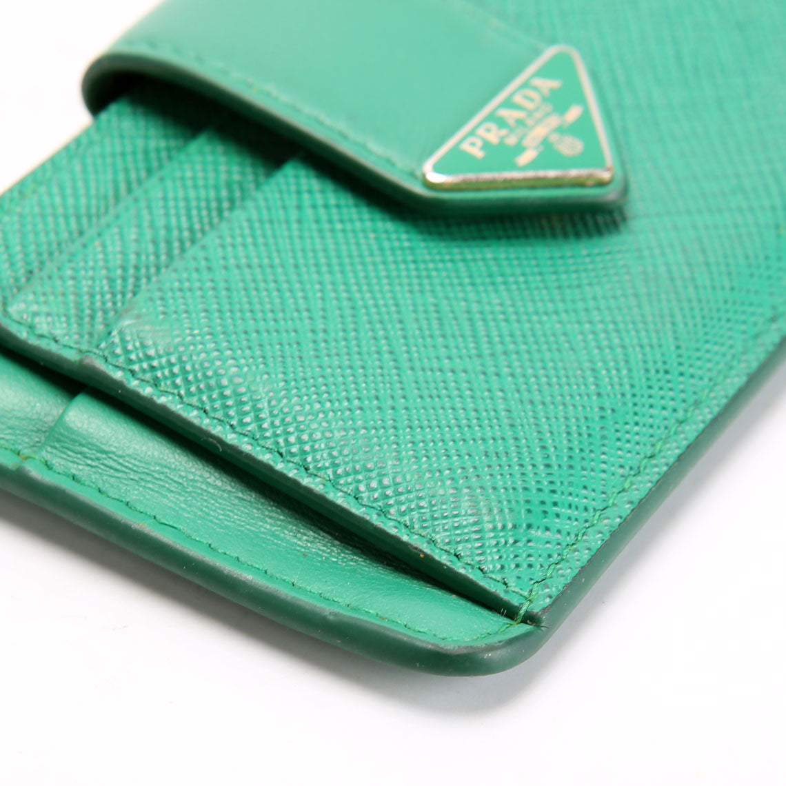 1MC038 Saffiano Triangle Logo Zip Card Case Green