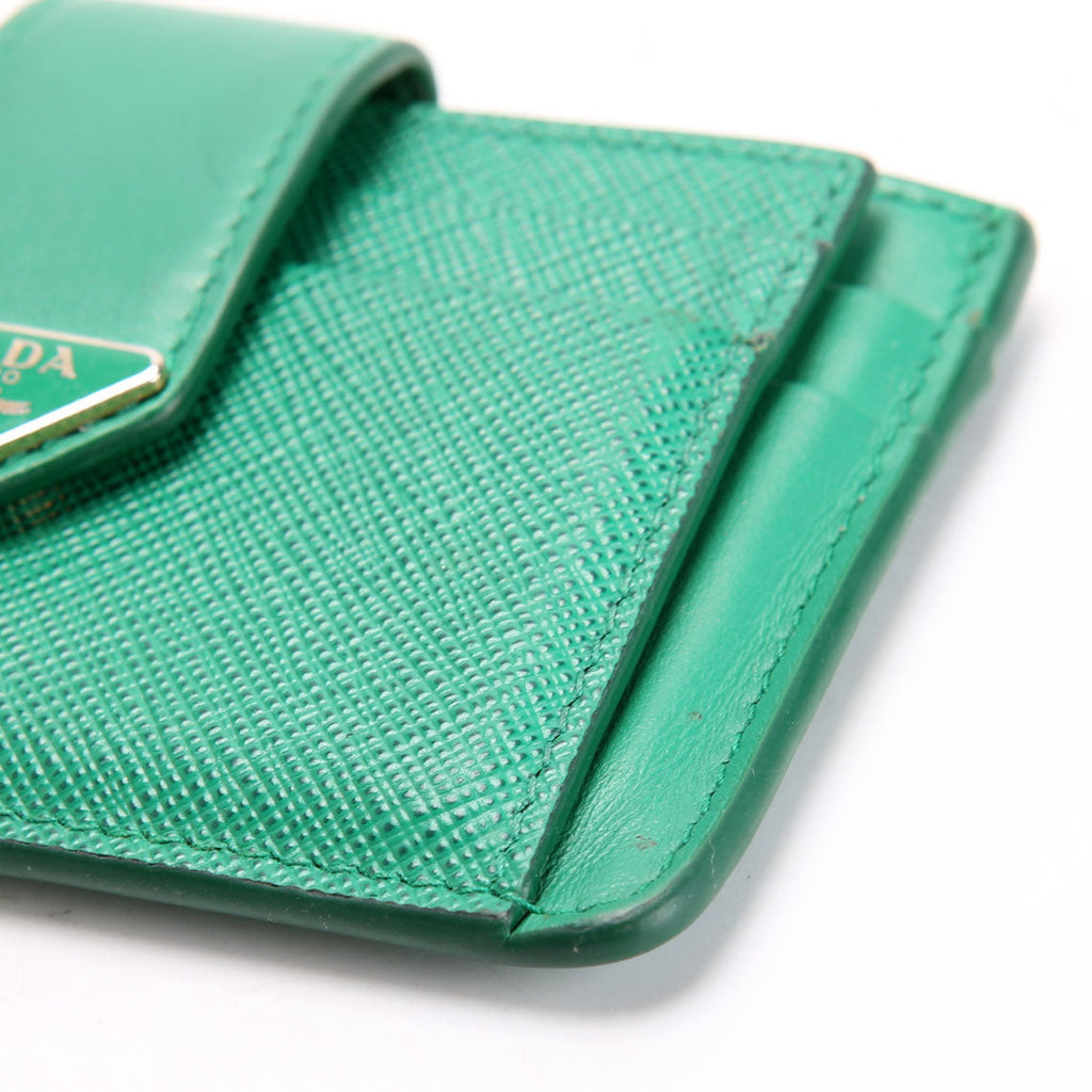 1MC038 Saffiano Triangle Logo Zip Card Case Green