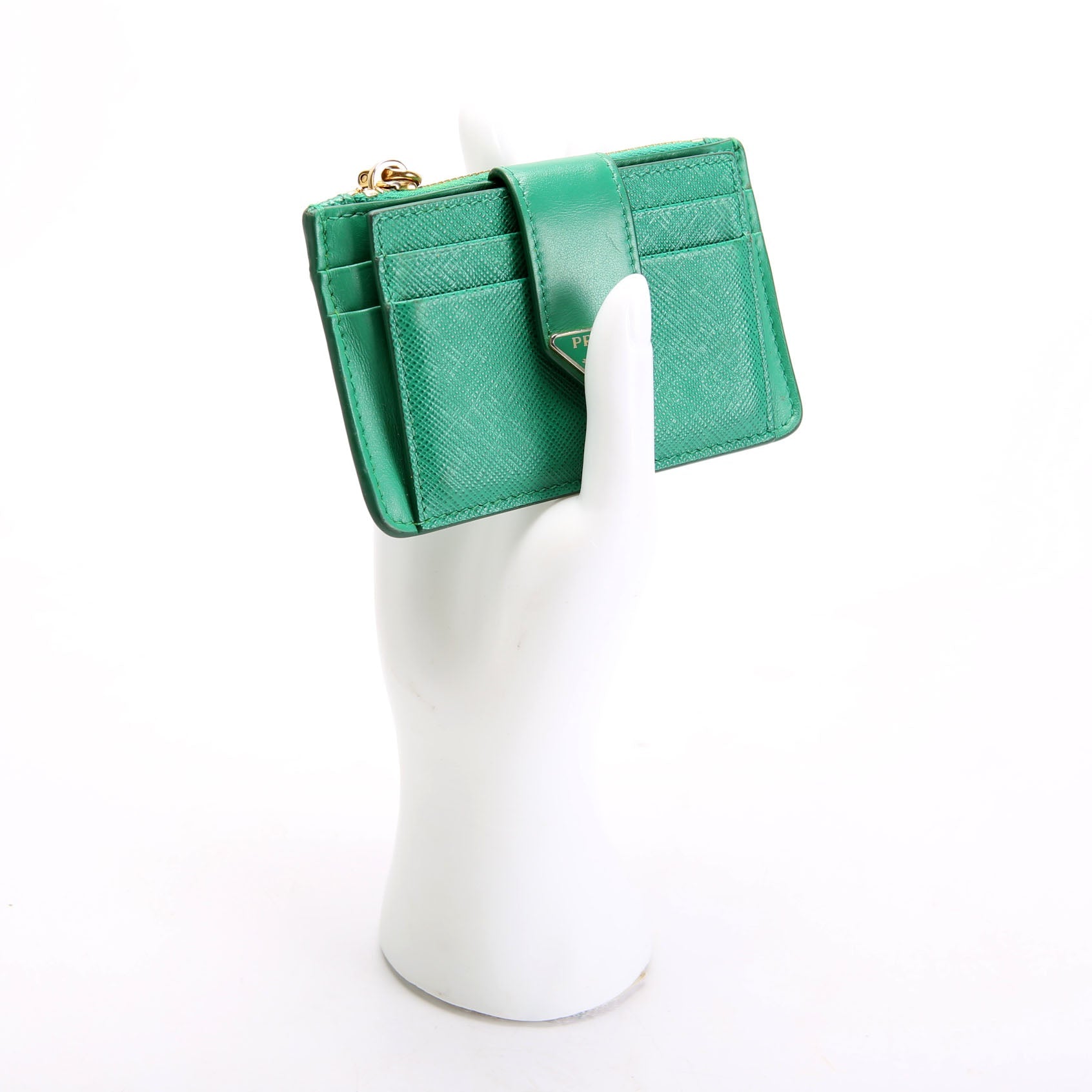 1MC038 Saffiano Triangle Logo Zip Card Case Green