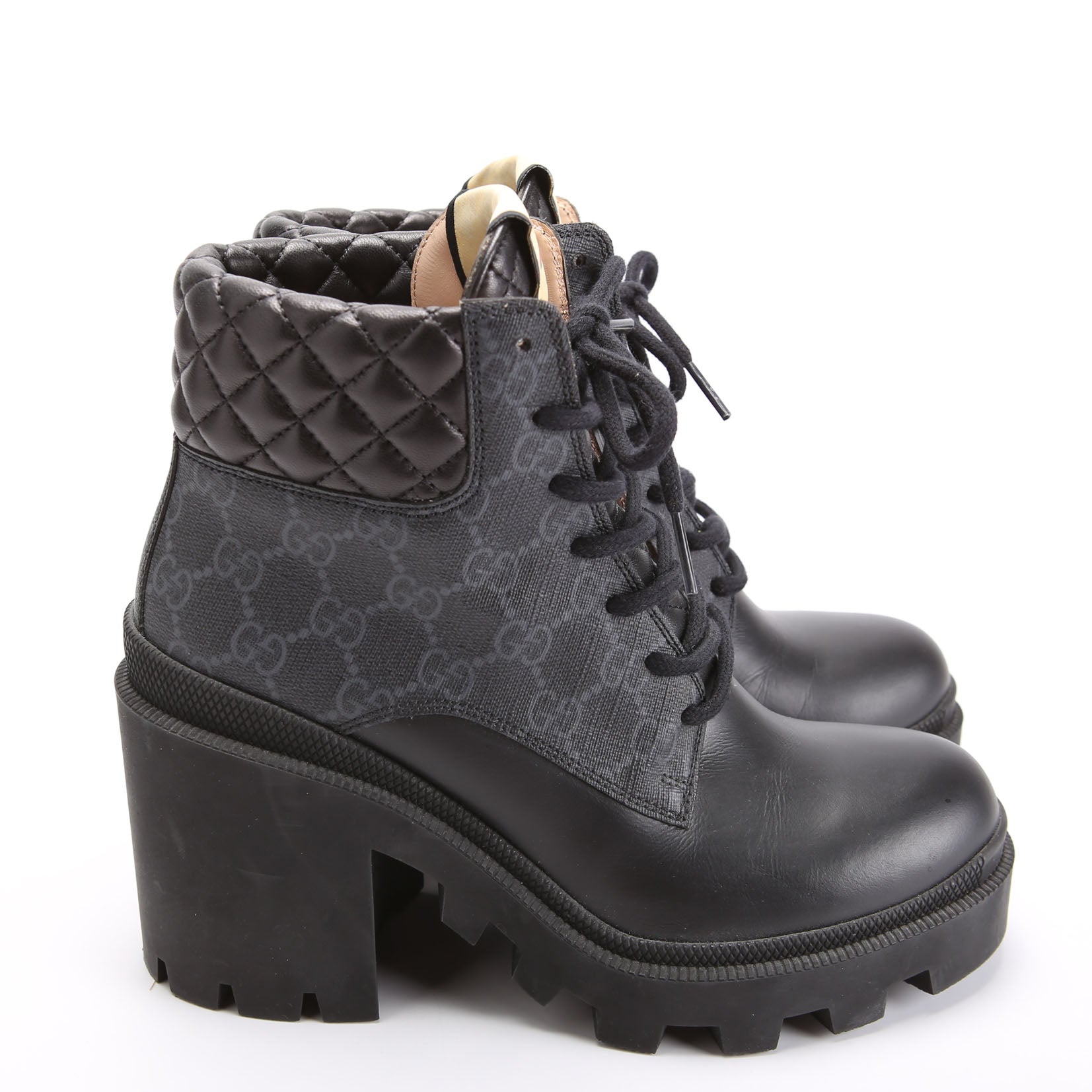 Gucci GG Supreme/Quilted Leather Lace Up Ankle Boots Size 37.5