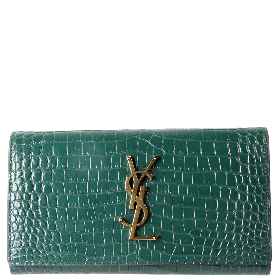 SAINT LAURENT 372266 Monogram Croc Embossed Flap Wallet Green