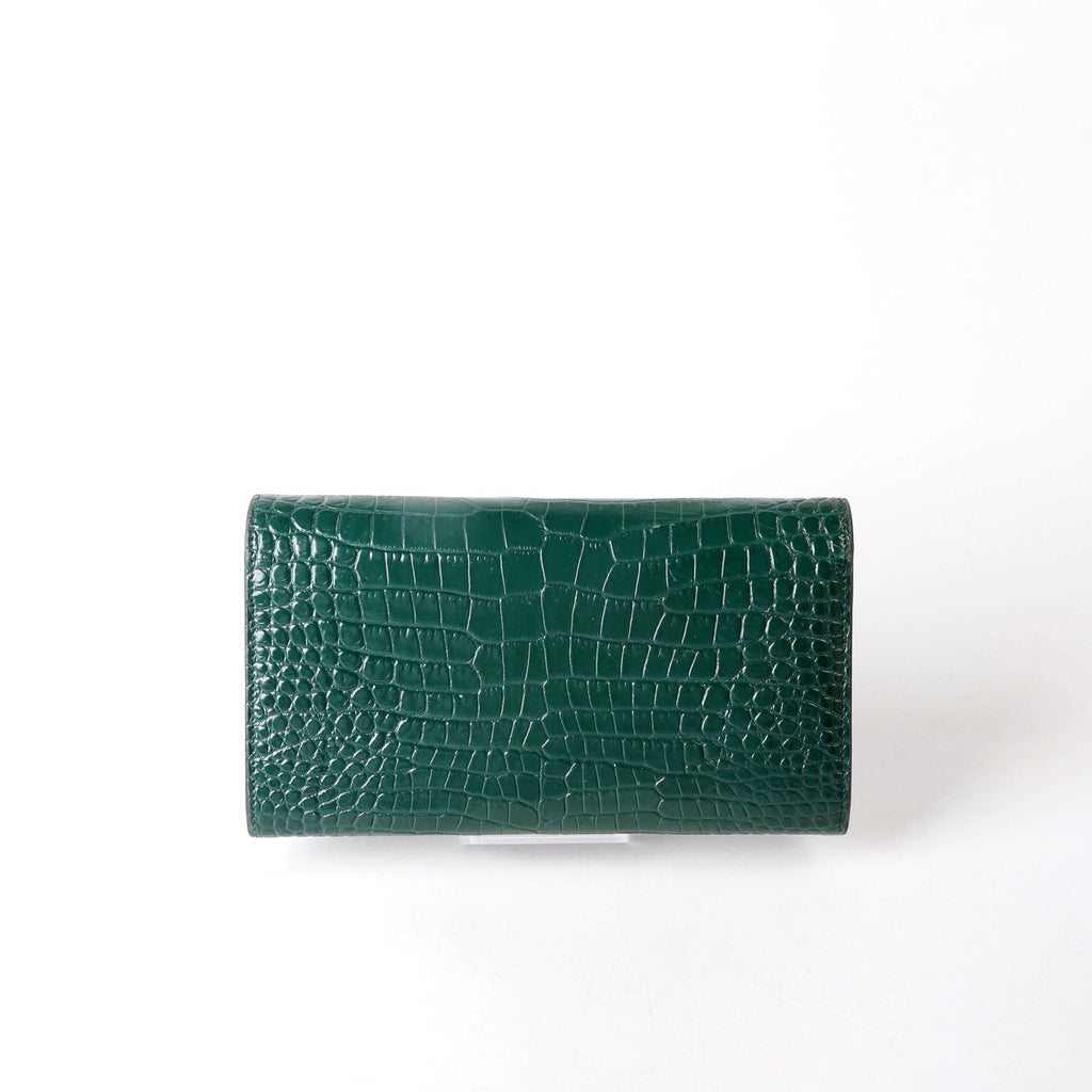 SAINT LAURENT 372266 Monogram Croc Embossed Flap Wallet Green