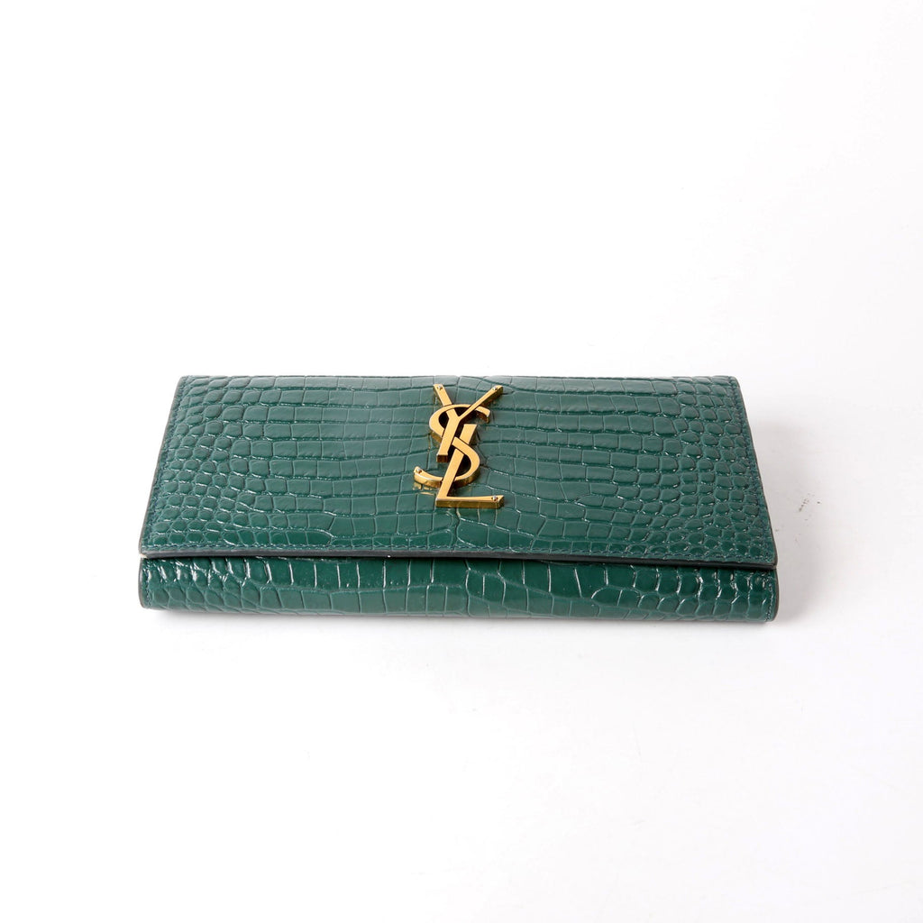 SAINT LAURENT 372266 Monogram Croc Embossed Flap Wallet Green