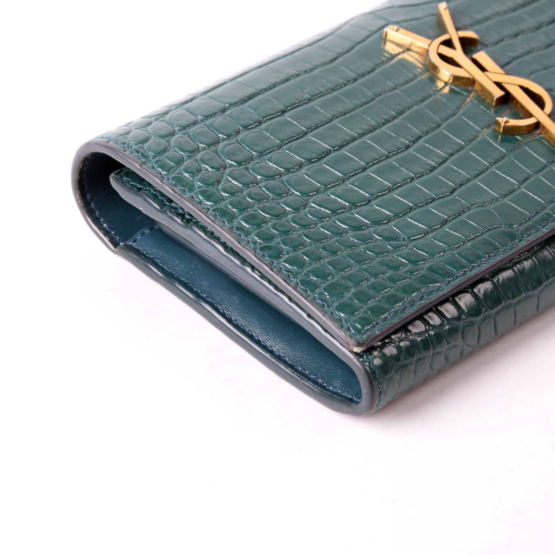 SAINT LAURENT 372266 Monogram Croc Embossed Flap Wallet Green
