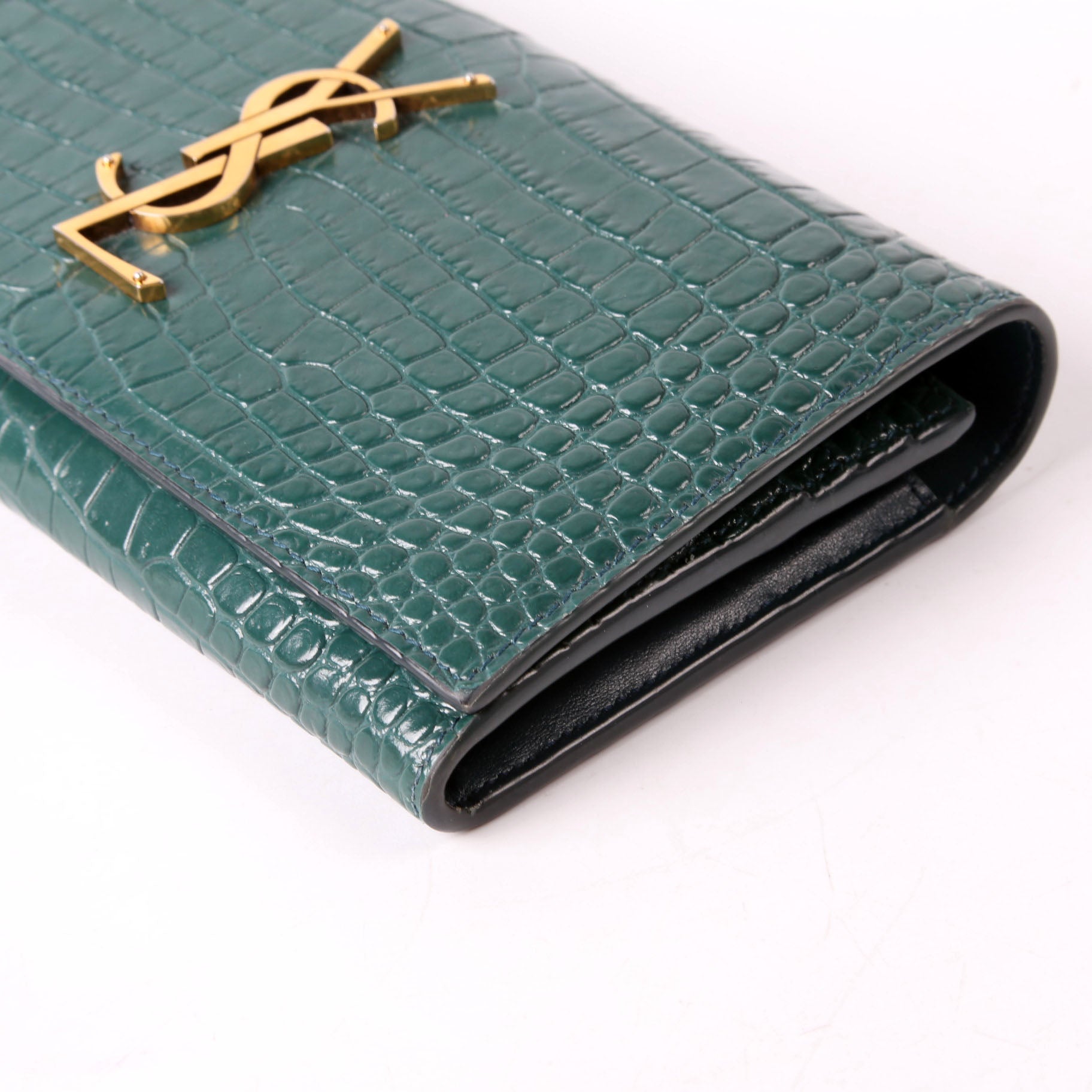 SAINT LAURENT 372266 Monogram Croc Embossed Flap Wallet Green