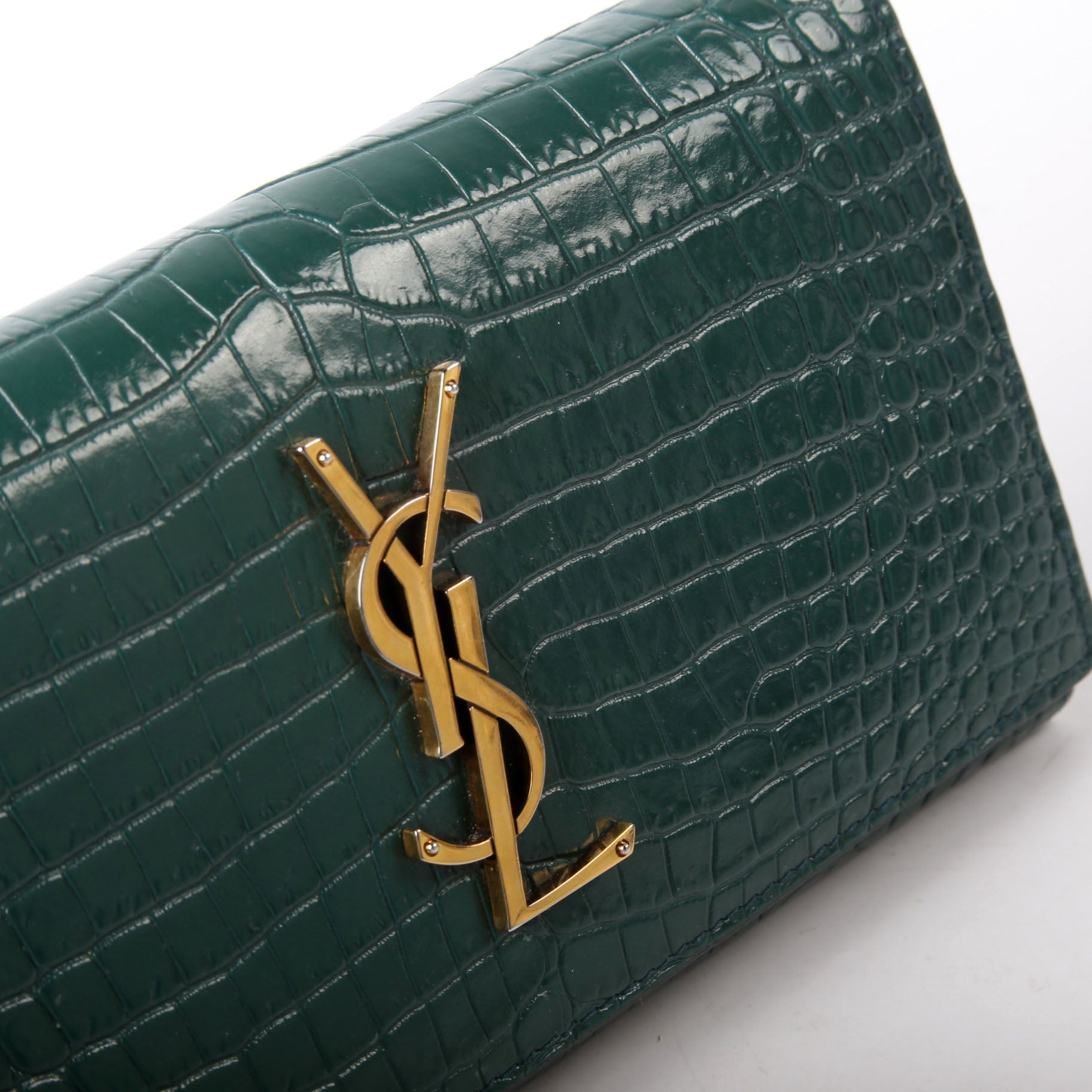 SAINT LAURENT 372266 Monogram Croc Embossed Flap Wallet Green