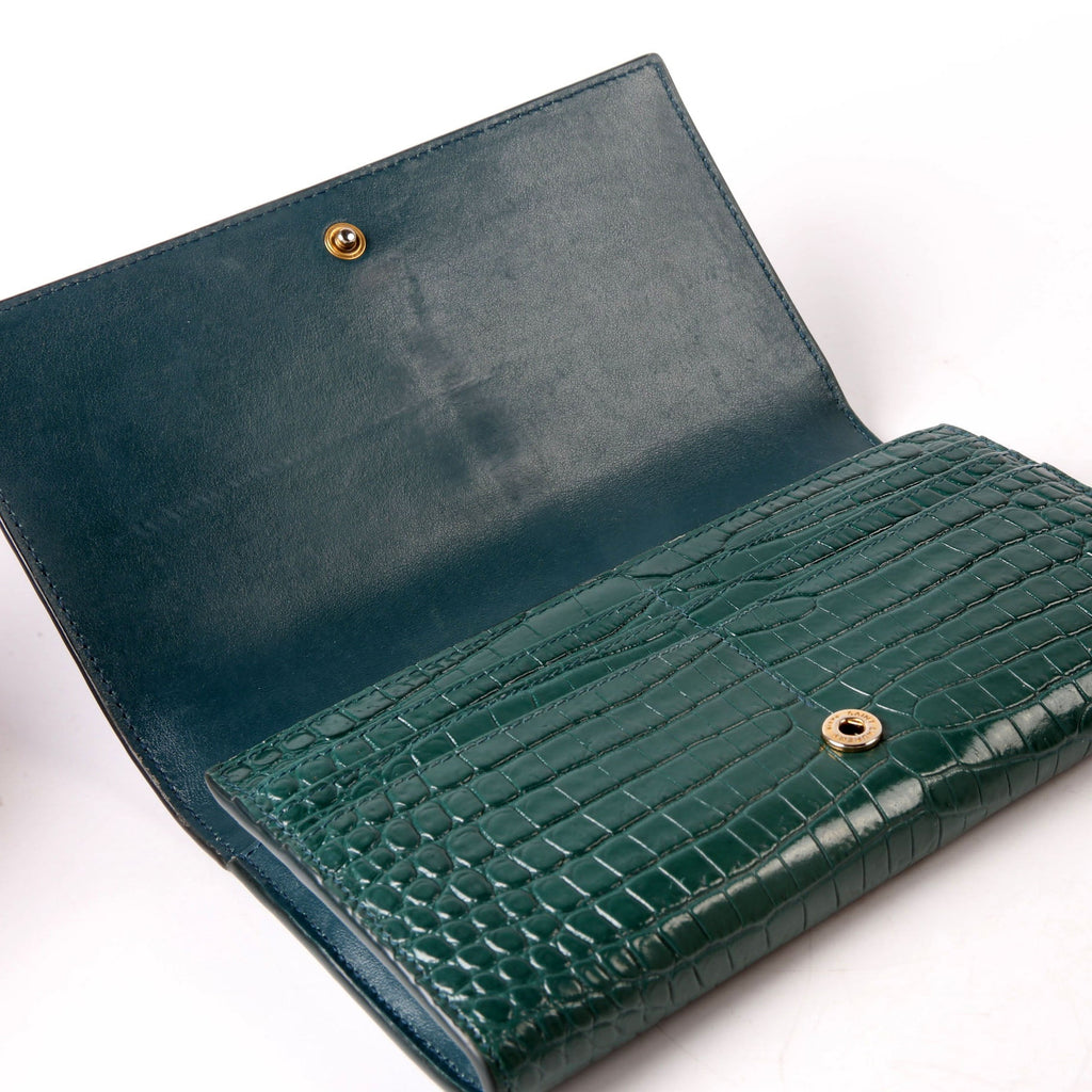 SAINT LAURENT 372266 Monogram Croc Embossed Flap Wallet Green