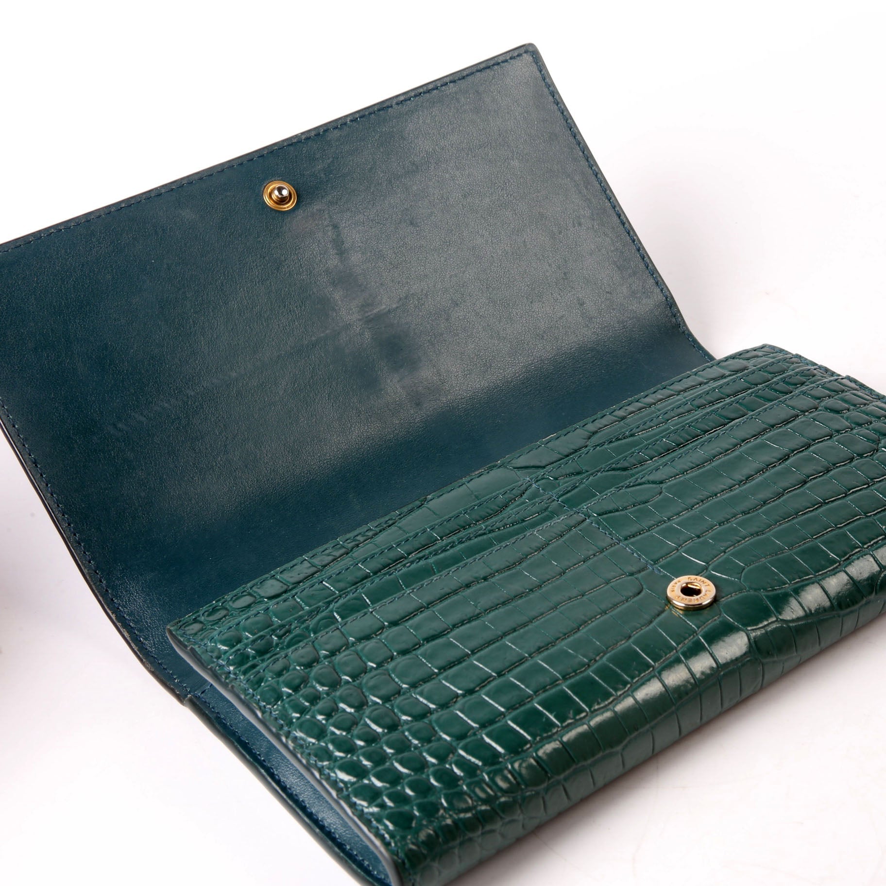 SAINT LAURENT 372266 Monogram Croc Embossed Flap Wallet Green