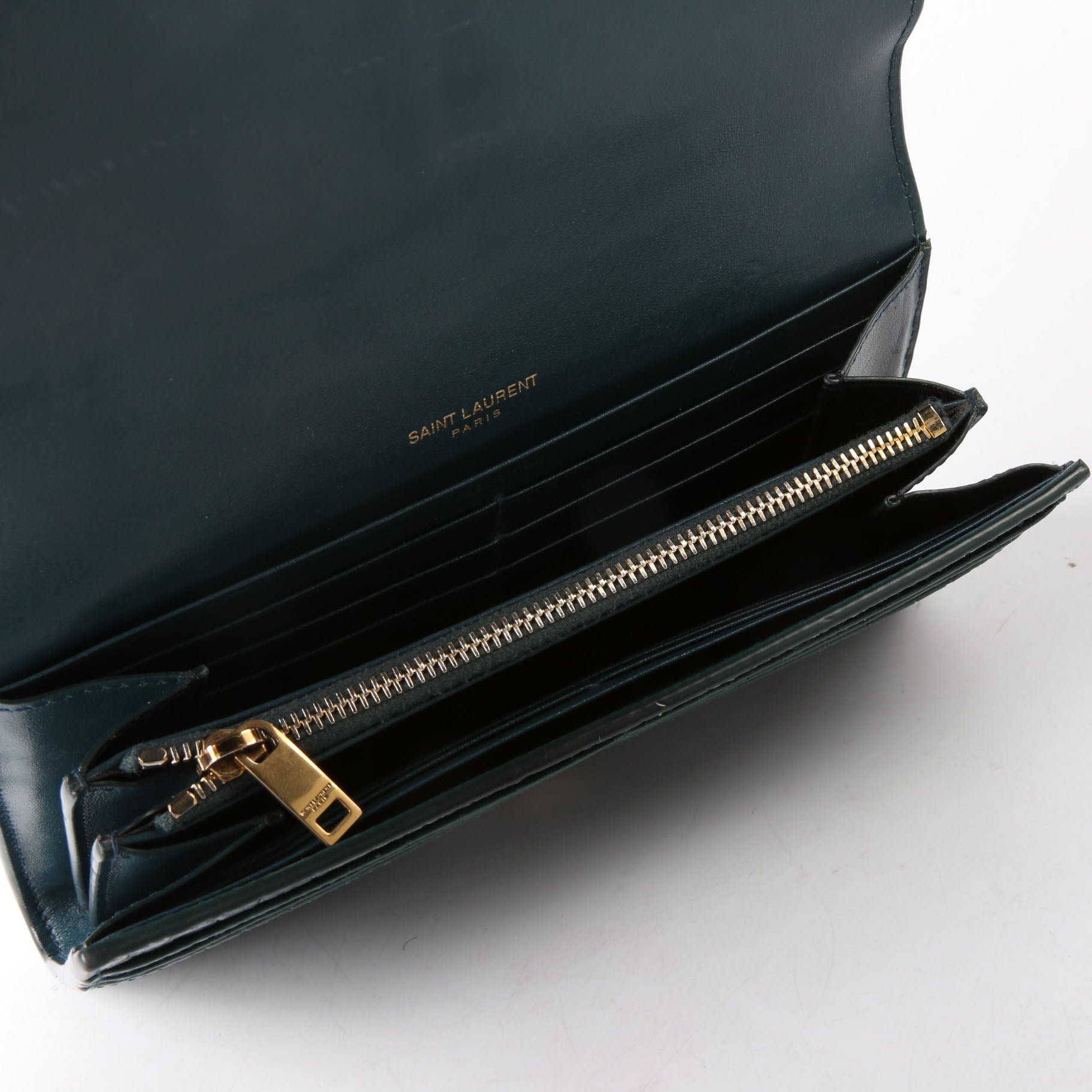 SAINT LAURENT 372266 Monogram Croc Embossed Flap Wallet Green