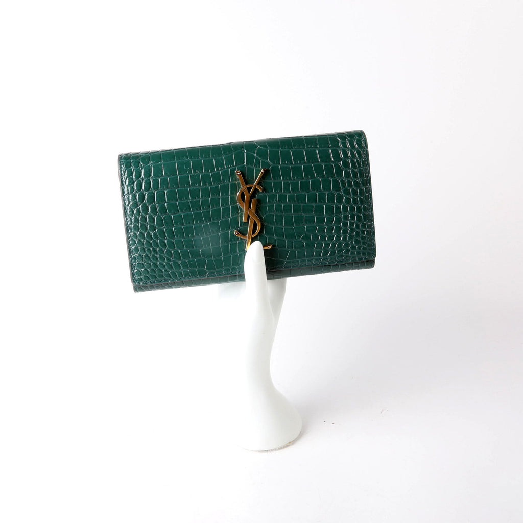 SAINT LAURENT 372266 Monogram Croc Embossed Flap Wallet Green