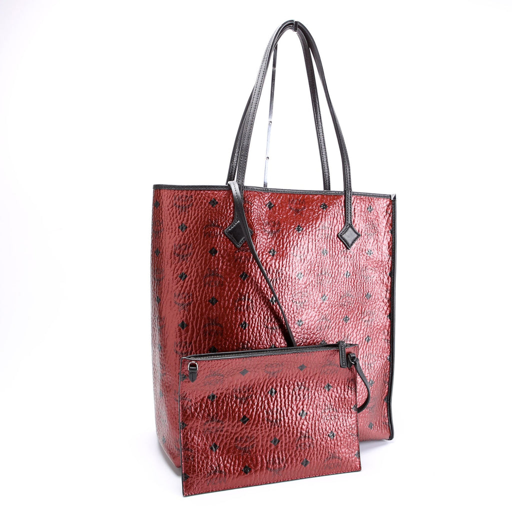 Kira Medium Tote with Pouch Metallic Visetos Burgundy/Black