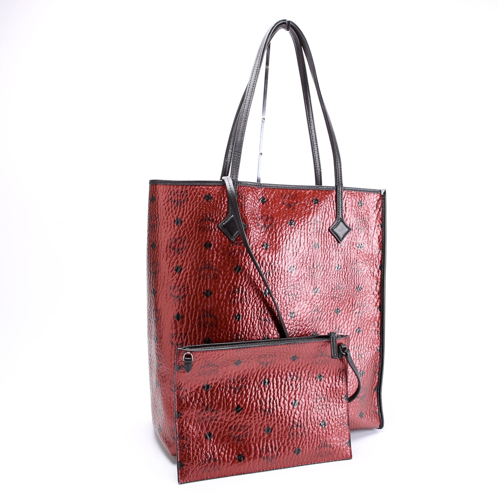 Kira Medium Tote with Pouch Metallic Visetos Burgundy/Black