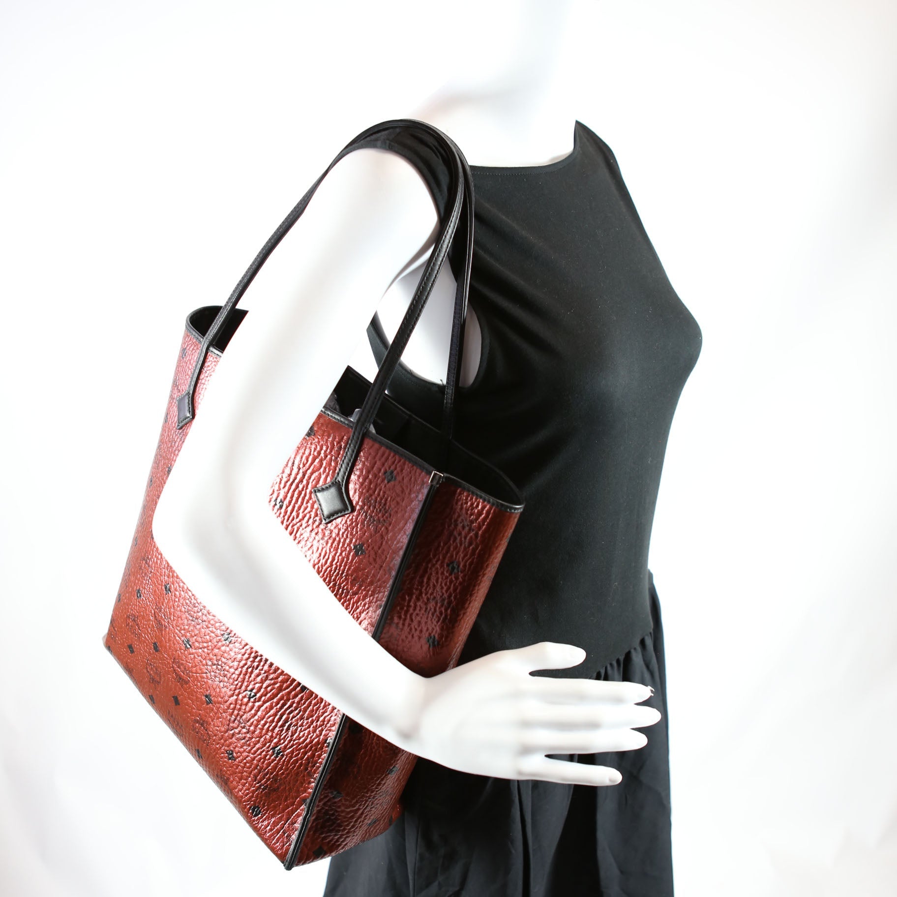 Kira Medium Tote with Pouch Metallic Visetos Burgundy/Black