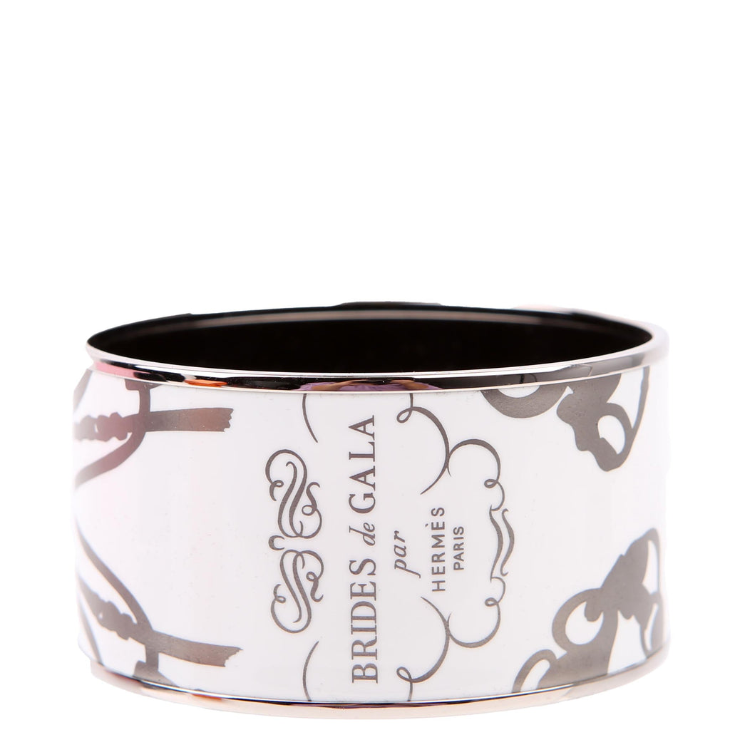 Hermes Brides de Gala Printed Enamel Extra Wide Bangle Bracelet Silver/White