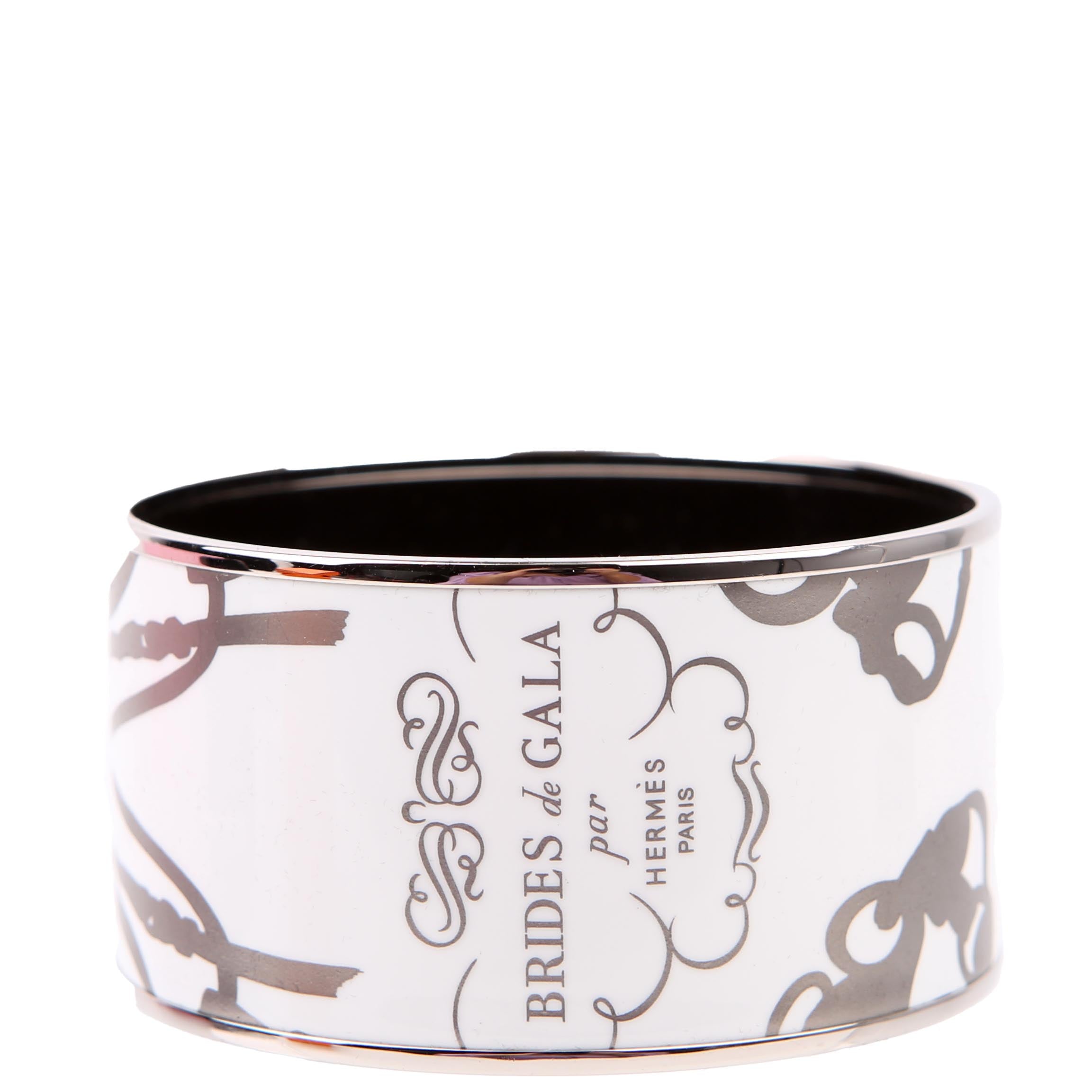 Hermes Brides de Gala Printed Enamel Extra Wide Bangle Bracelet Silver/White