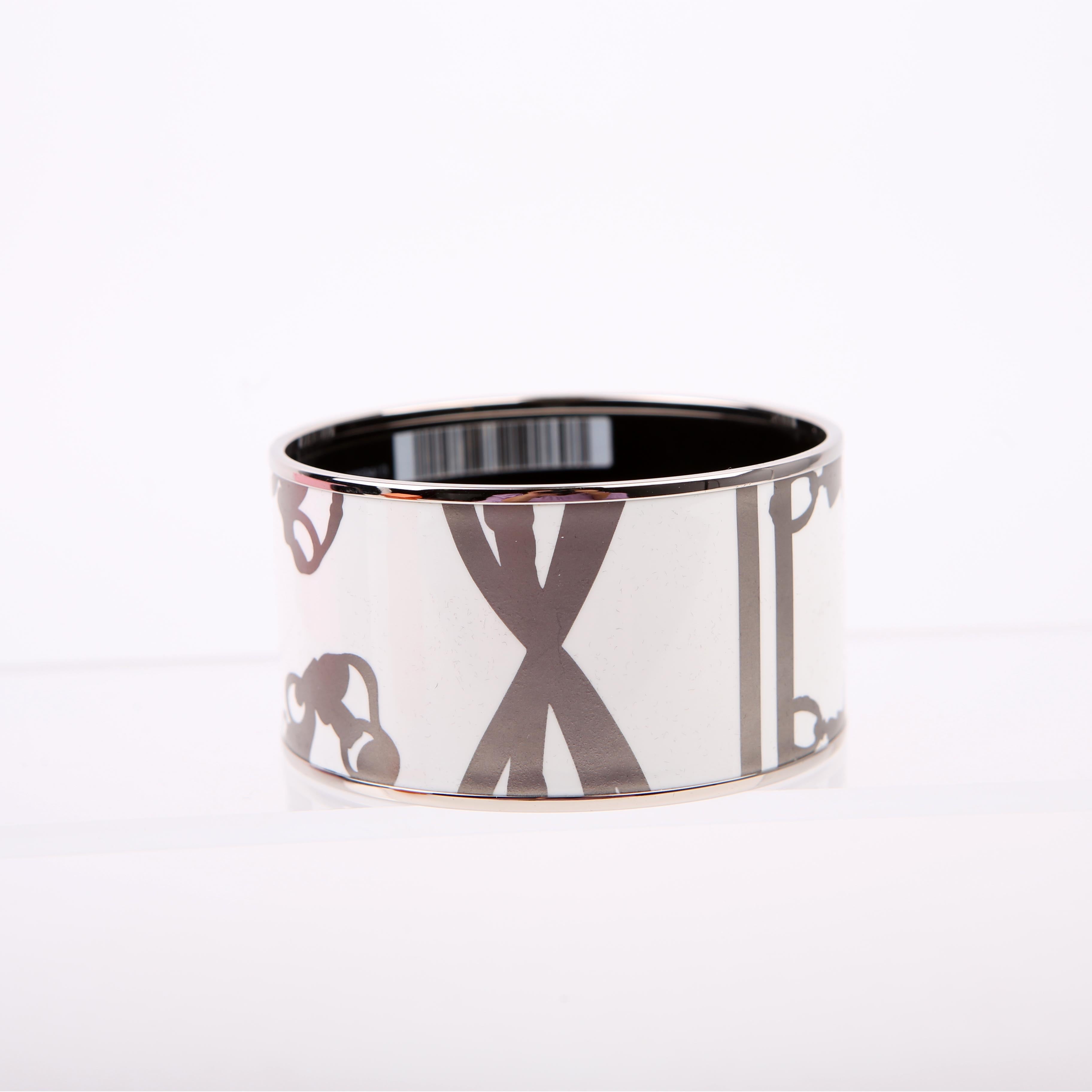 Hermes Brides de Gala Printed Enamel Extra Wide Bangle Bracelet Silver/White