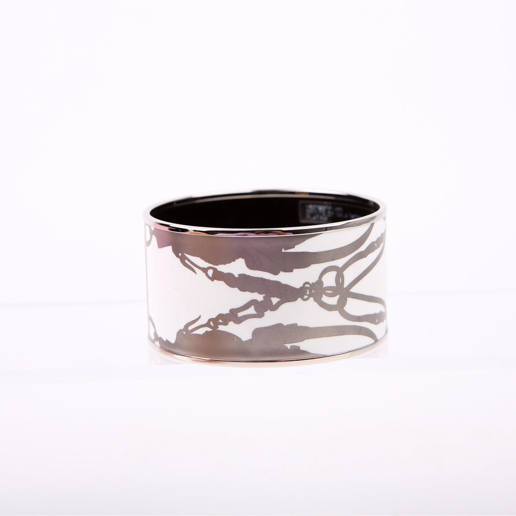 Hermes Brides de Gala Printed Enamel Extra Wide Bangle Bracelet Silver/White