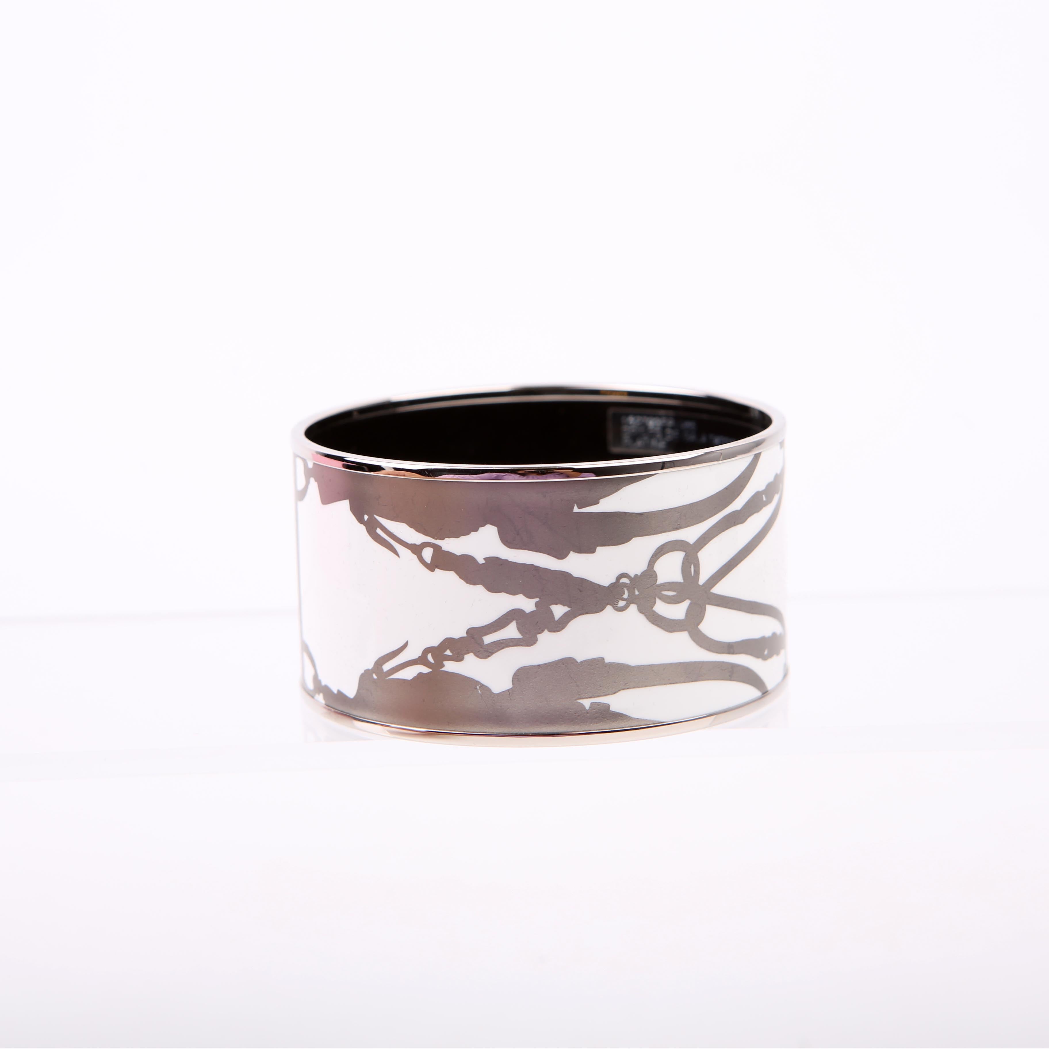 Hermes Brides de Gala Printed Enamel Extra Wide Bangle Bracelet Silver/White