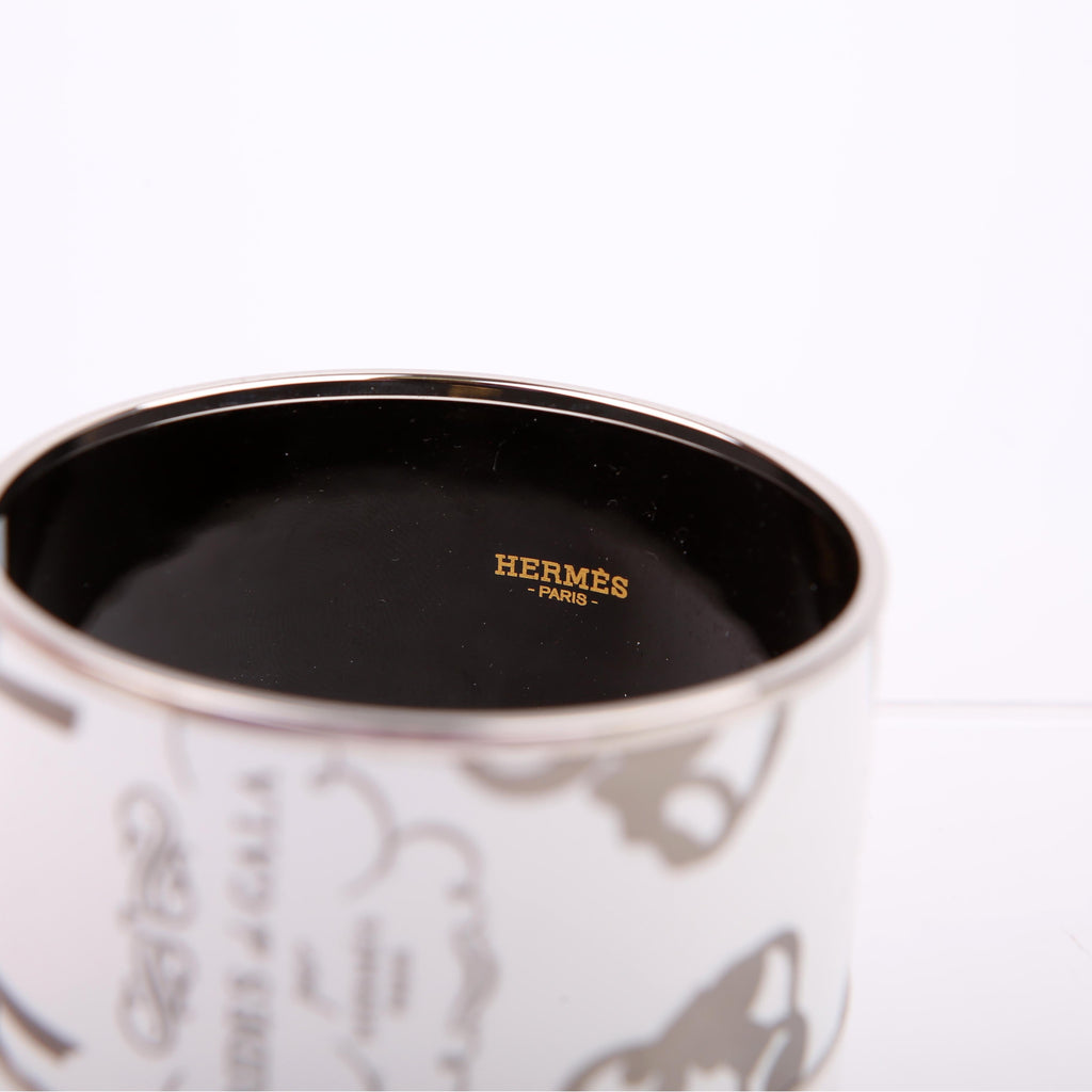 Hermes Brides de Gala Printed Enamel Extra Wide Bangle Bracelet Silver/White