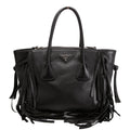 BN2619 Glace Calfskin Fringe Twin Pocket Tote Black